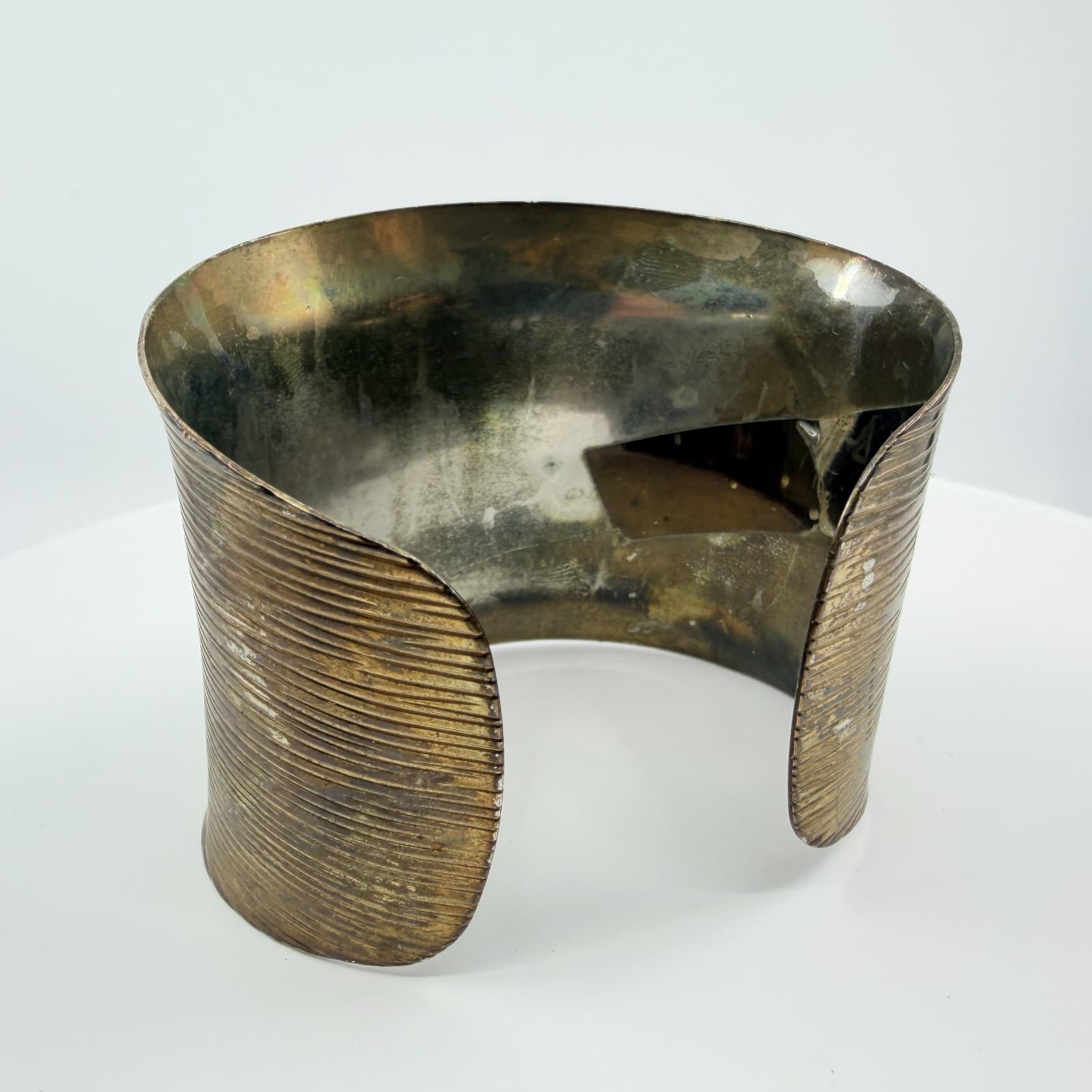 Vintage Brass Tone Ribbed Wide Cuff Bracelet Tall Statement Chunky Textured Boho - Thumbnail 4