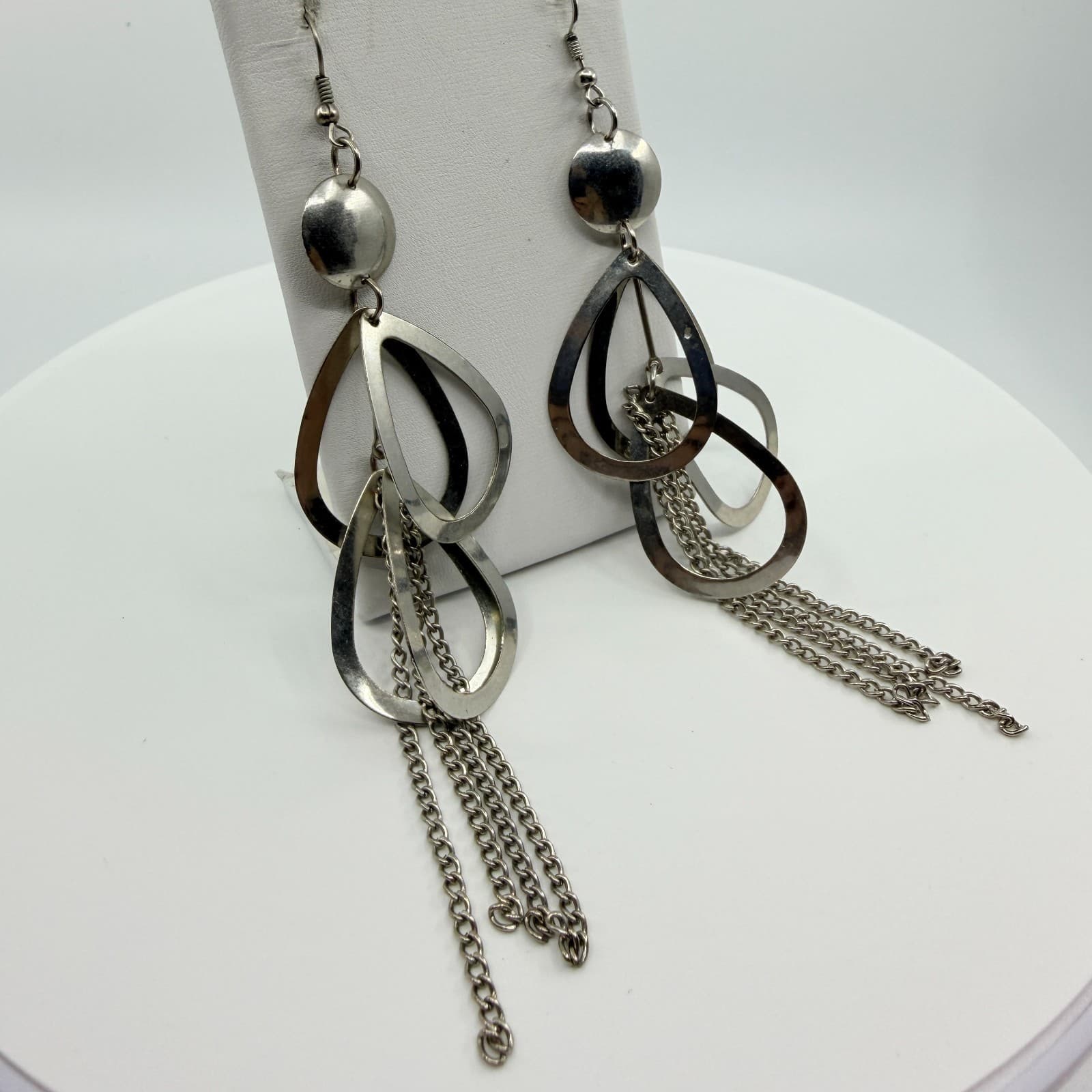 Vintage Silver Tone Teardrop Hoop Tassel Dangle Earrings Chunky Statement Boho - Thumbnail 3