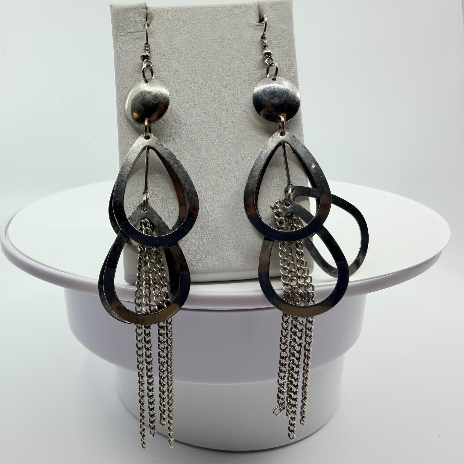 Vintage Silver Tone Teardrop Hoop Tassel Dangle Earrings Chunky Statement Boho - Thumbnail 8