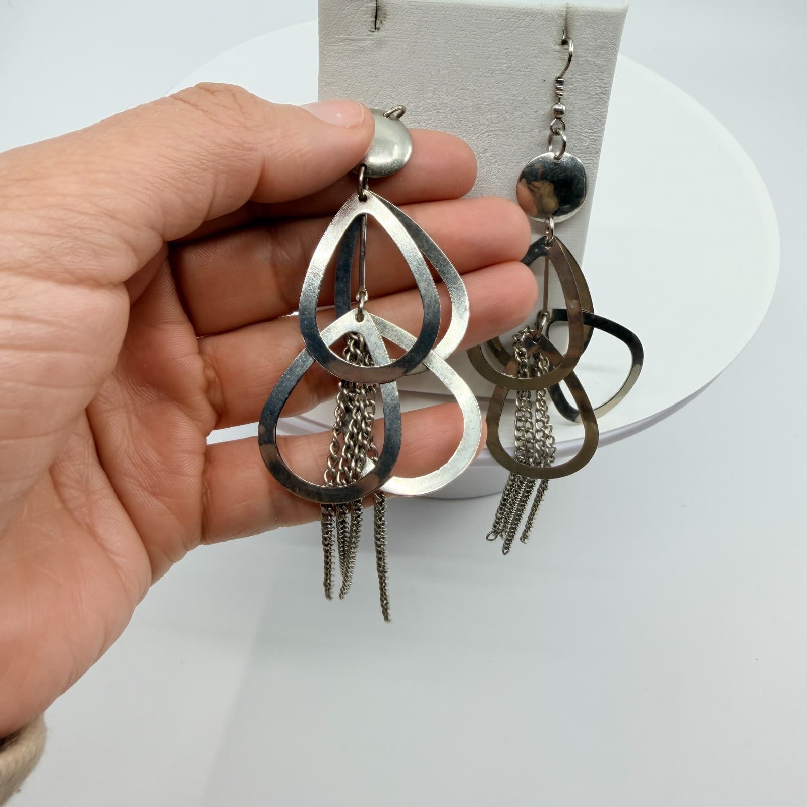 Vintage Silver Tone Teardrop Hoop Tassel Dangle Earrings Chunky Statement Boho - Thumbnail 10