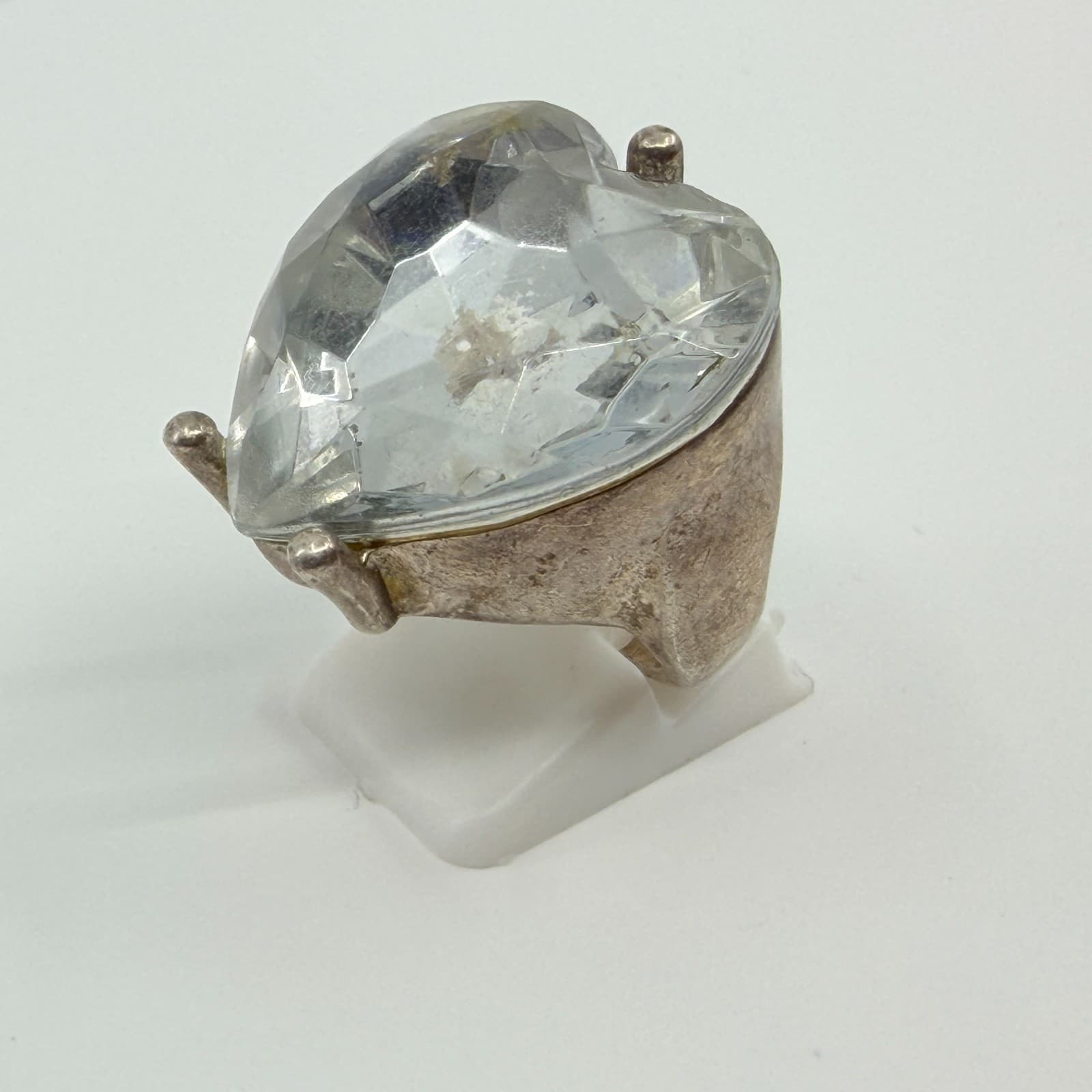 Vintage Silver Tone Massive Heart Shaped Cubic Zirconia Ring Chunky Statement - Thumbnail 5