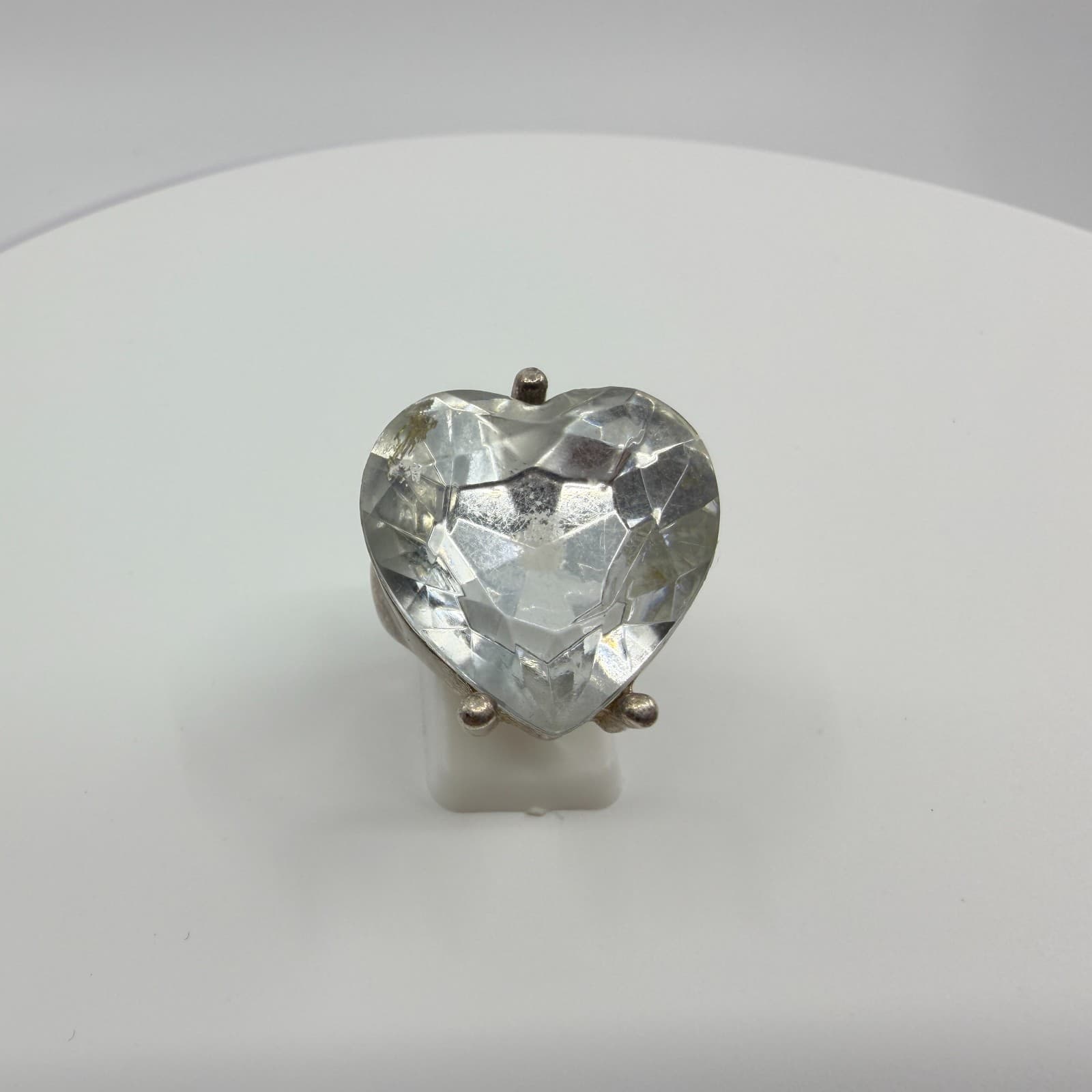 Vintage Silver Tone Massive Heart Shaped Cubic Zirconia Ring Chunky Statement - Thumbnail 2