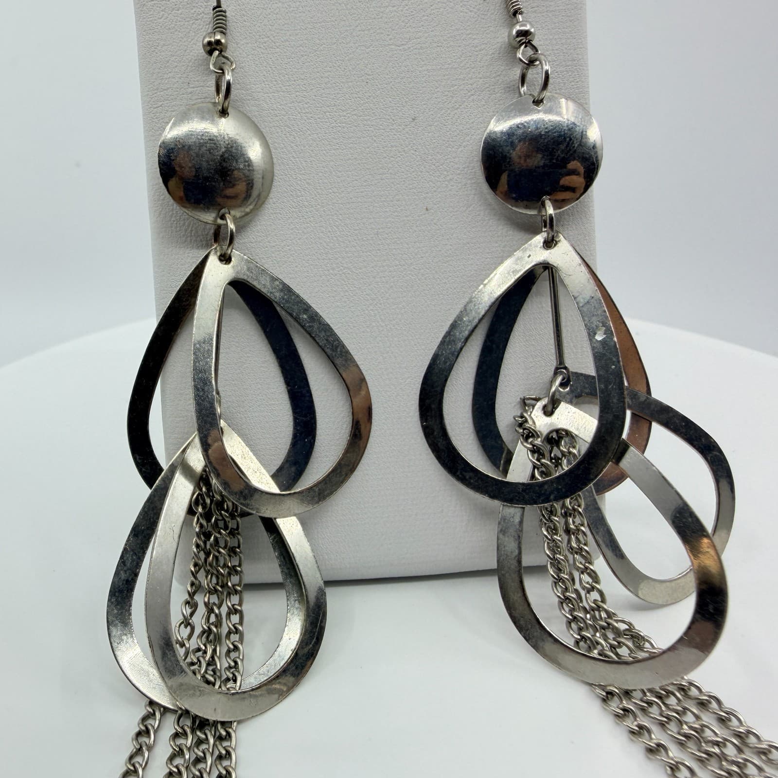 Vintage Silver Tone Teardrop Hoop Tassel Dangle Earrings Chunky Statement Boho - Thumbnail 4