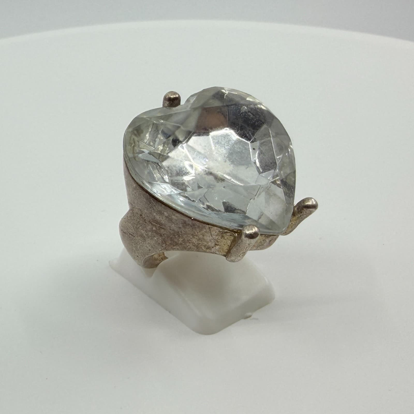 Vintage Silver Tone Massive Heart Shaped Cubic Zirconia Ring Chunky Statement - Thumbnail 6