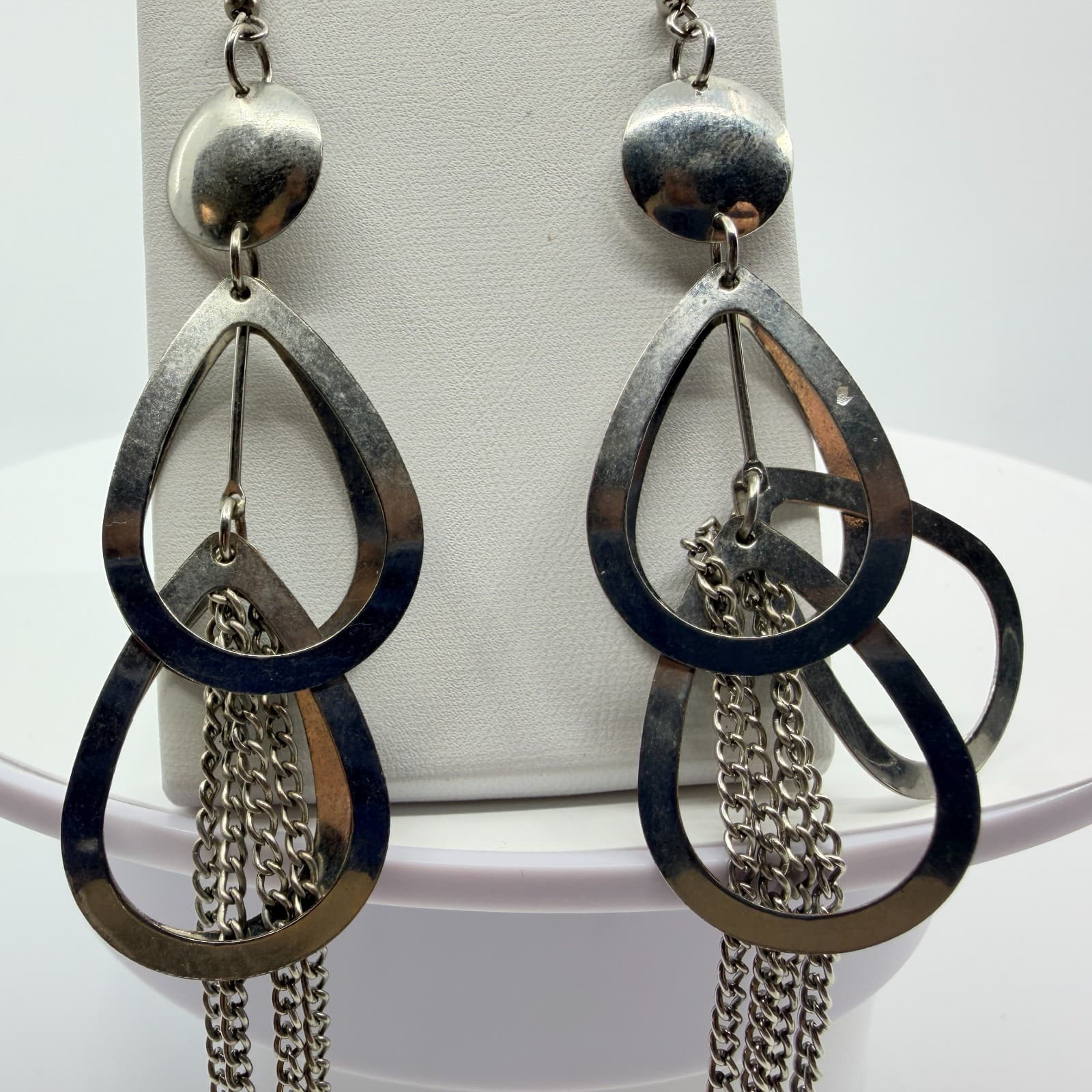 Vintage Silver Tone Teardrop Hoop Tassel Dangle Earrings Chunky Statement Boho - Thumbnail 9