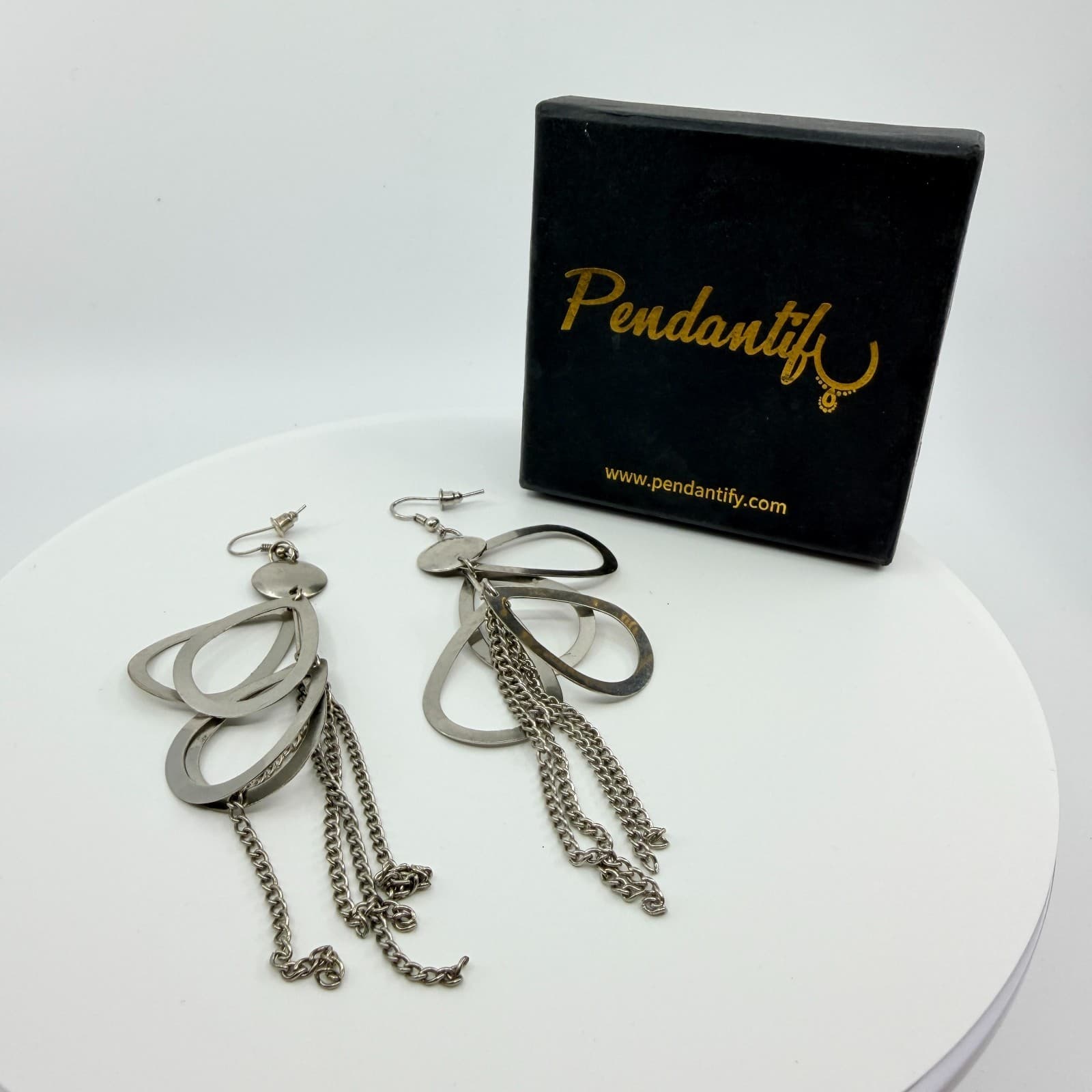 Vintage Silver Tone Teardrop Hoop Tassel Dangle Earrings Chunky Statement Boho - Thumbnail 12