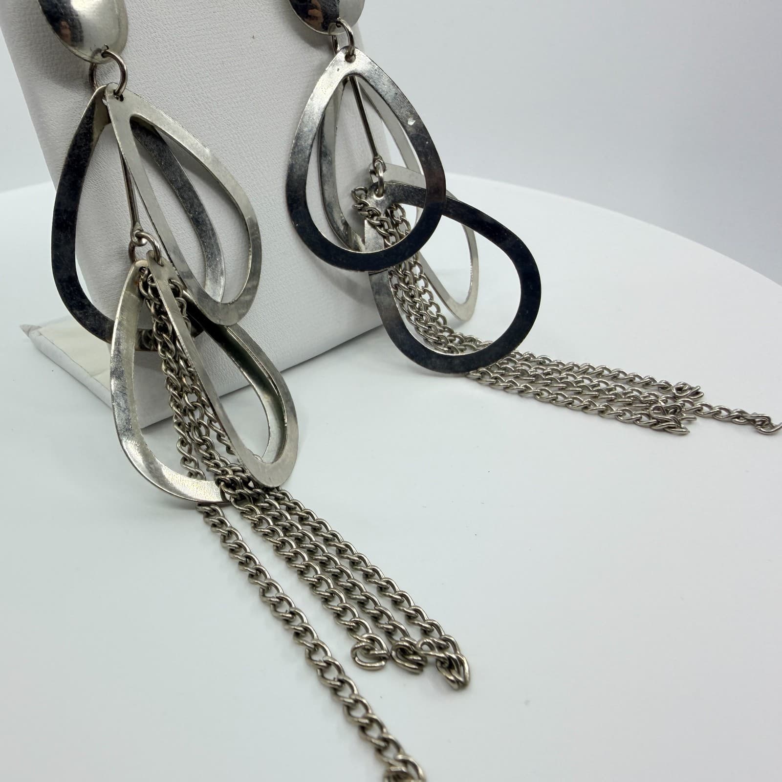 Vintage Silver Tone Teardrop Hoop Tassel Dangle Earrings Chunky Statement Boho - Thumbnail 6