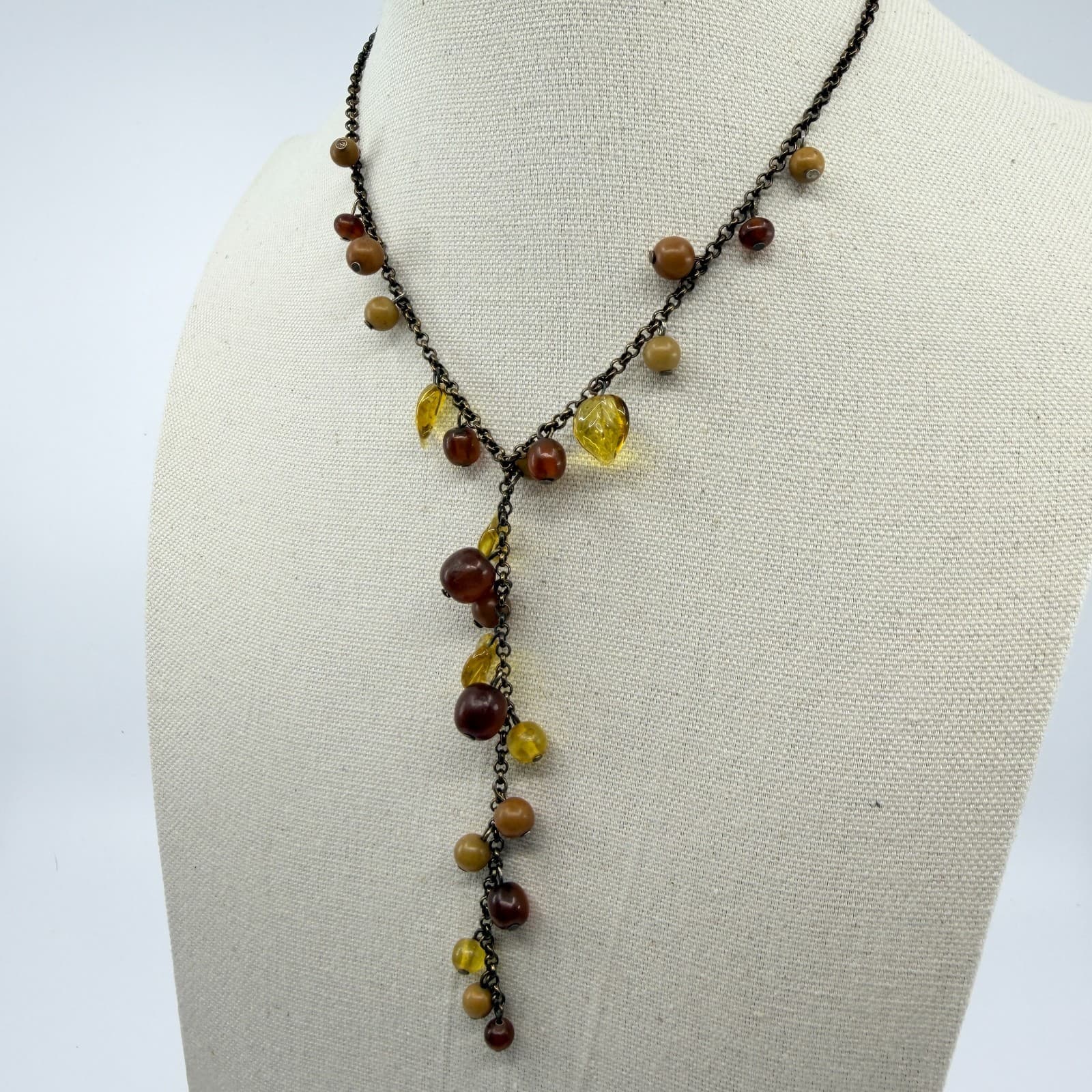 Vintage Amber Tone Glass Bead Leaf Tassel Necklace Bronze Tone Chunky Statement - Thumbnail 6