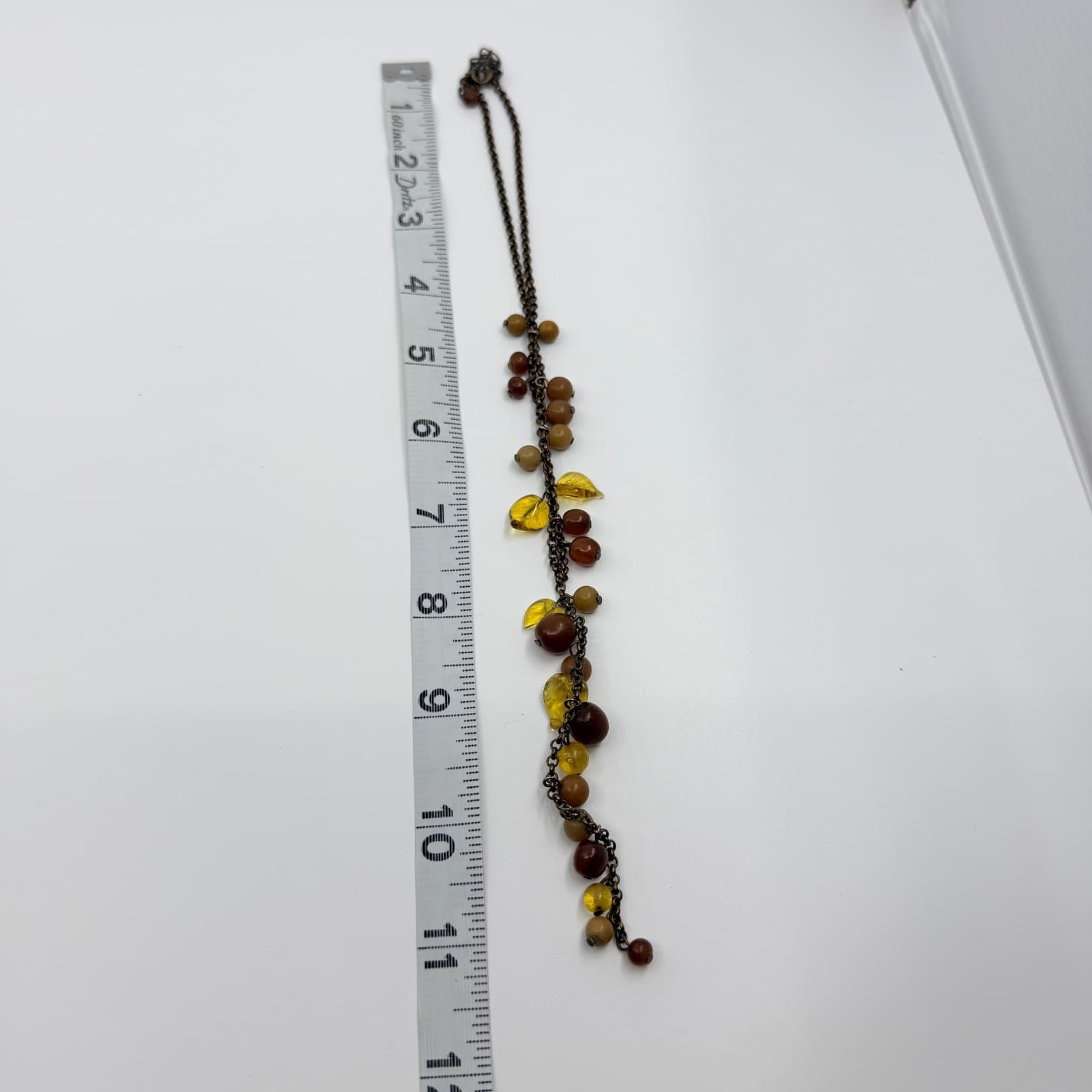 Vintage Amber Tone Glass Bead Leaf Tassel Necklace Bronze Tone Chunky Statement - Thumbnail 9