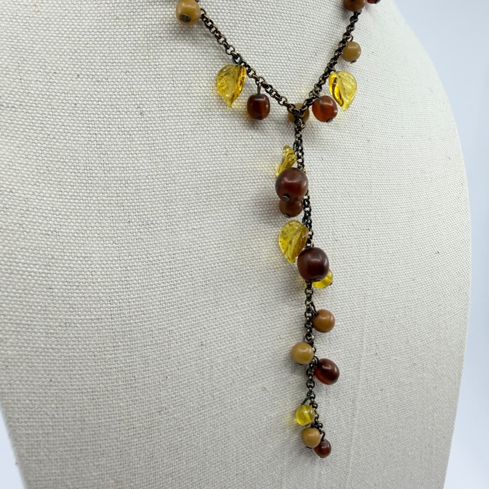 Vintage Amber Tone Glass Bead Leaf Tassel Necklace Bronze Tone Chunky Statement - Thumbnail 4
