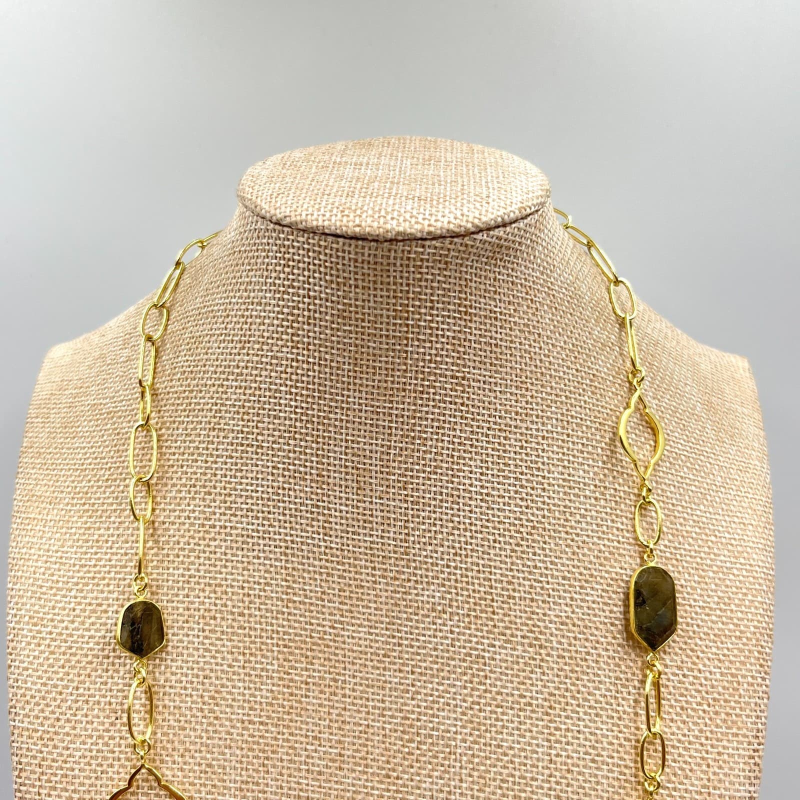 VTG Stella & Dot Gold Tone Green Grey Stone Station Long Layering Necklace Retro - Thumbnail 6