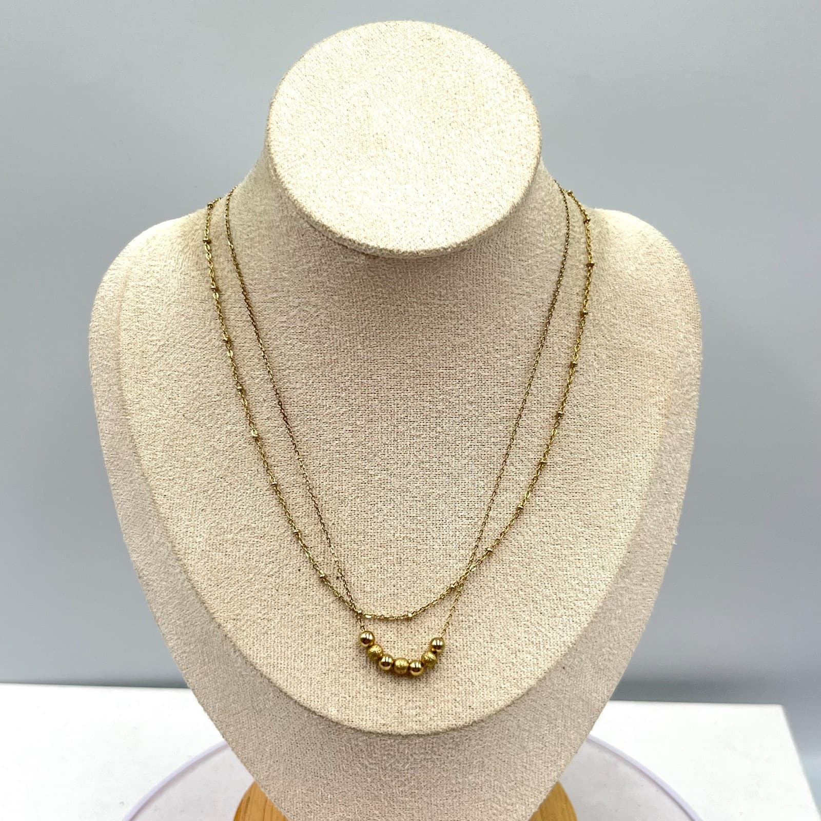 Vintage Gold Tone Double Layer Necklace Sandblast Textured Bead Satellite Chain - Thumbnail 3
