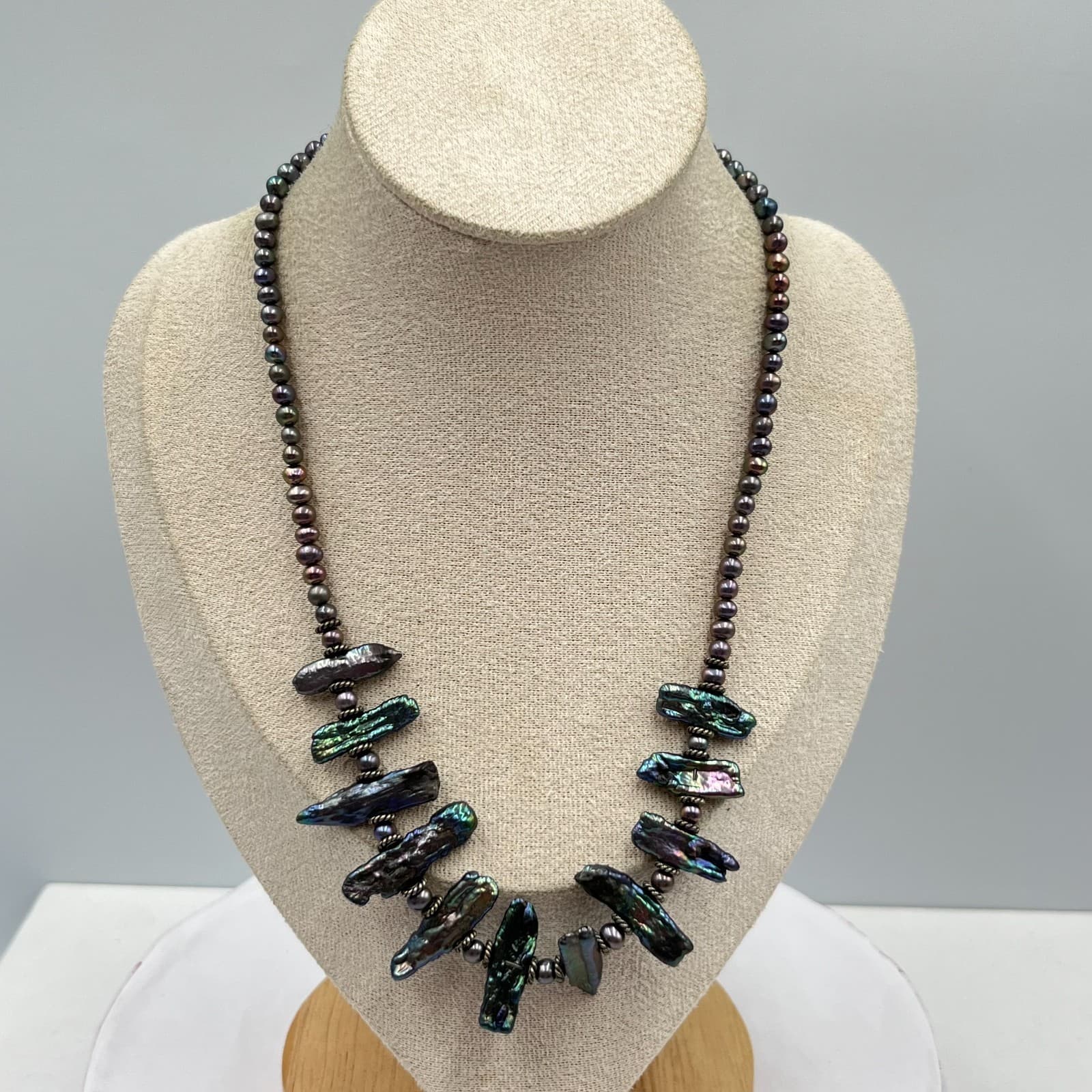 Vintage Iridescent Black Biwa Stick Pearl Statement Necklace Boho Toggle 18" - Thumbnail 2