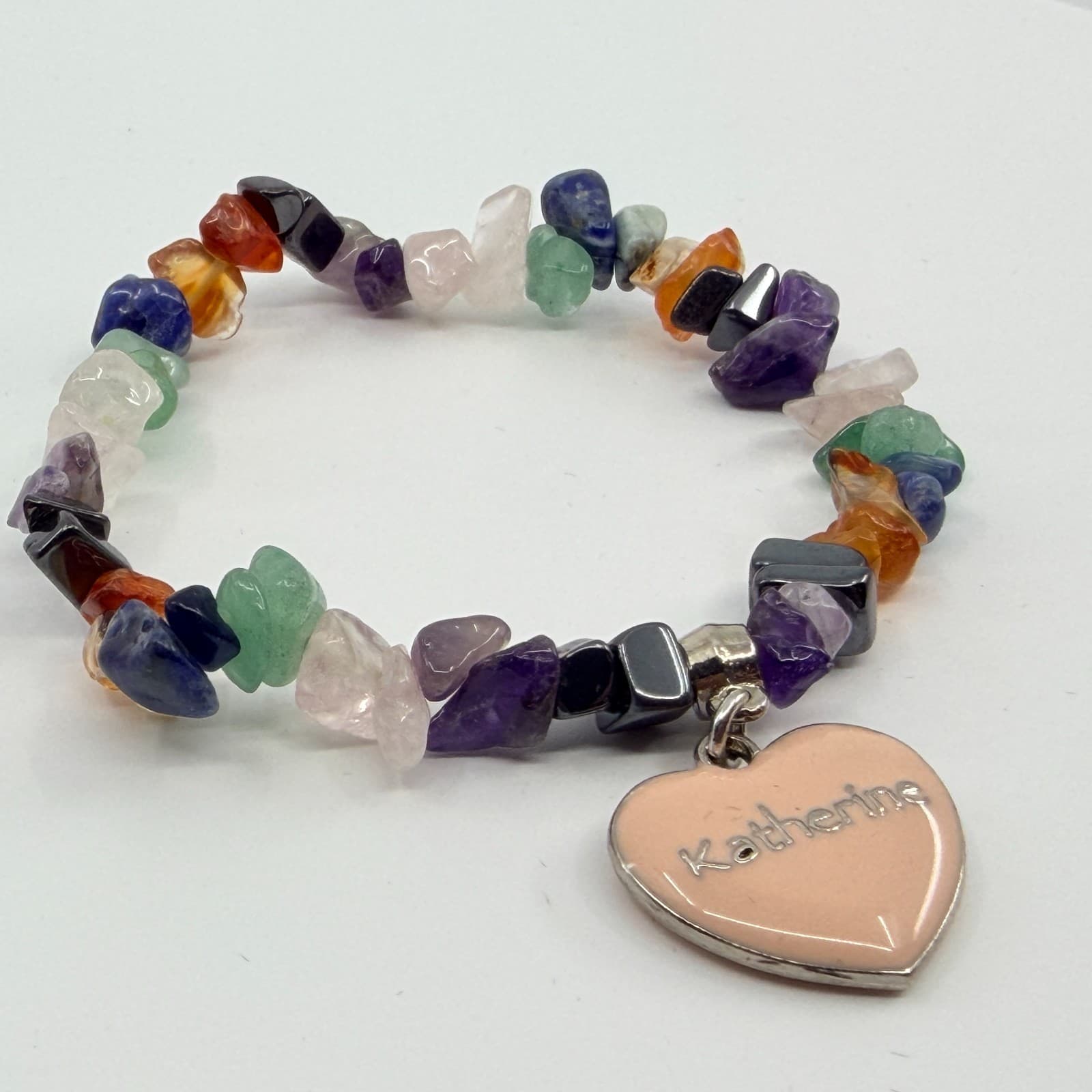 Multicolor Chip Bead Stretch Bracelet Katherine Heart Charm Personalized Boho - Thumbnail 7