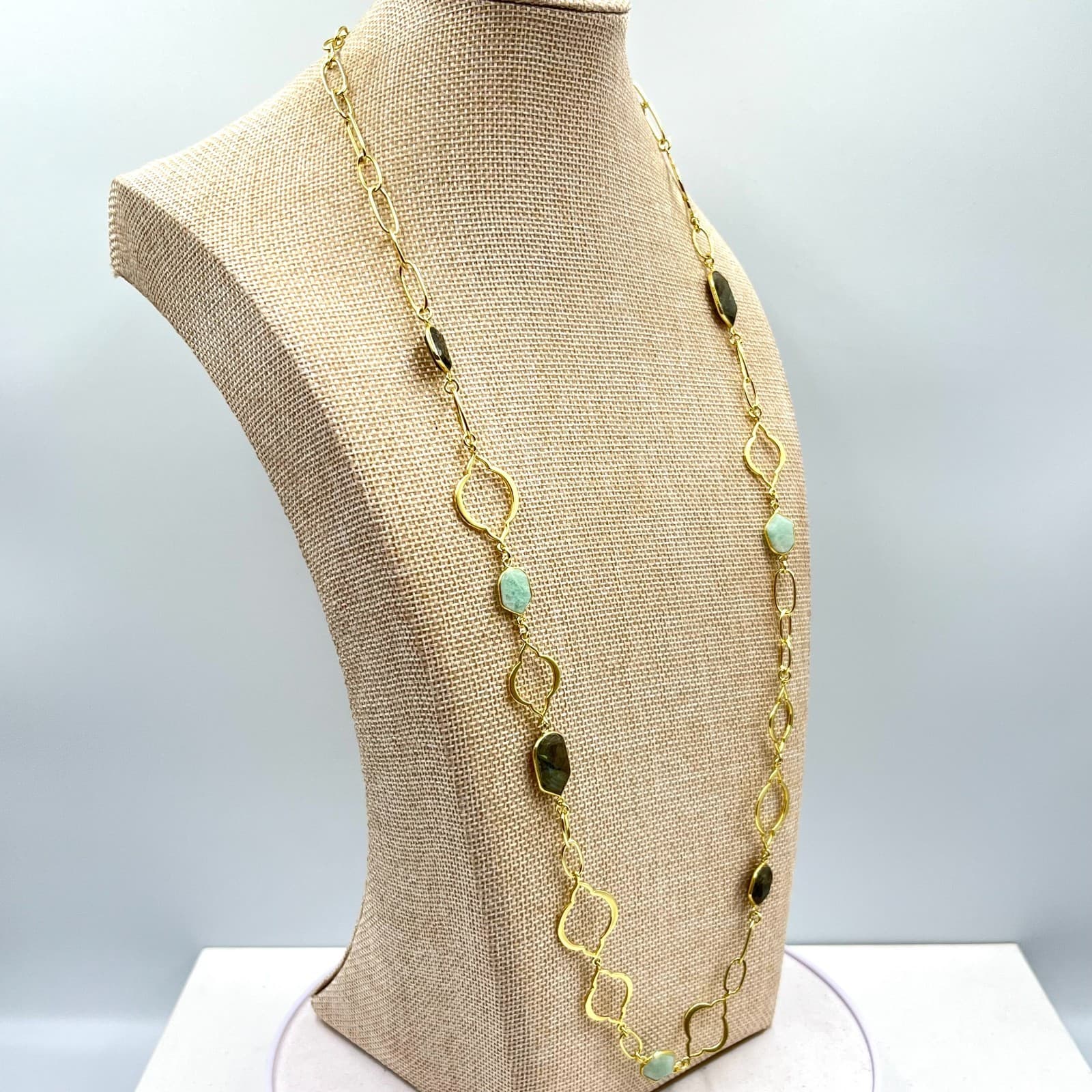VTG Stella & Dot Gold Tone Green Grey Stone Station Long Layering Necklace Retro - Thumbnail 8