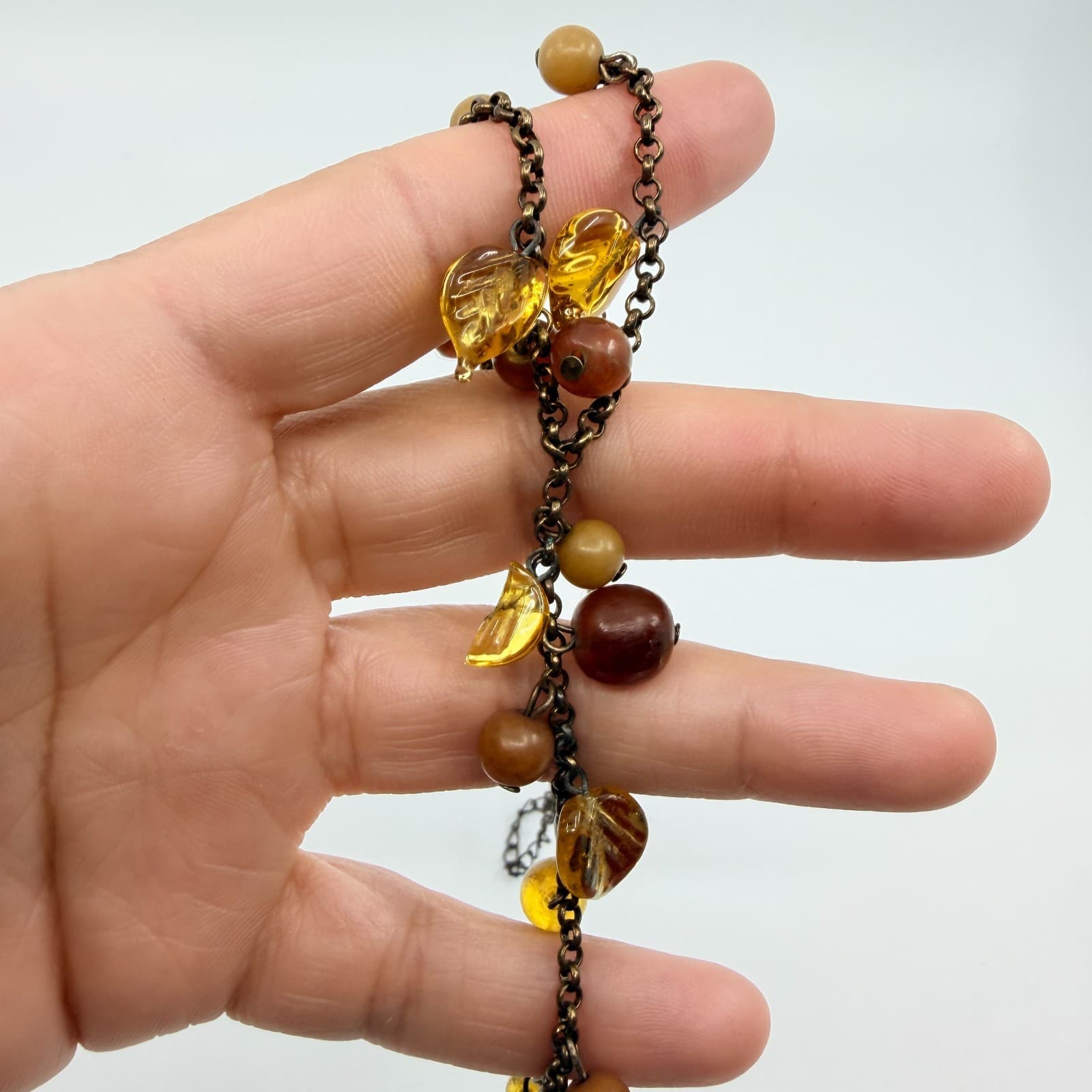 Vintage Amber Tone Glass Bead Leaf Tassel Necklace Bronze Tone Chunky Statement - Thumbnail 8