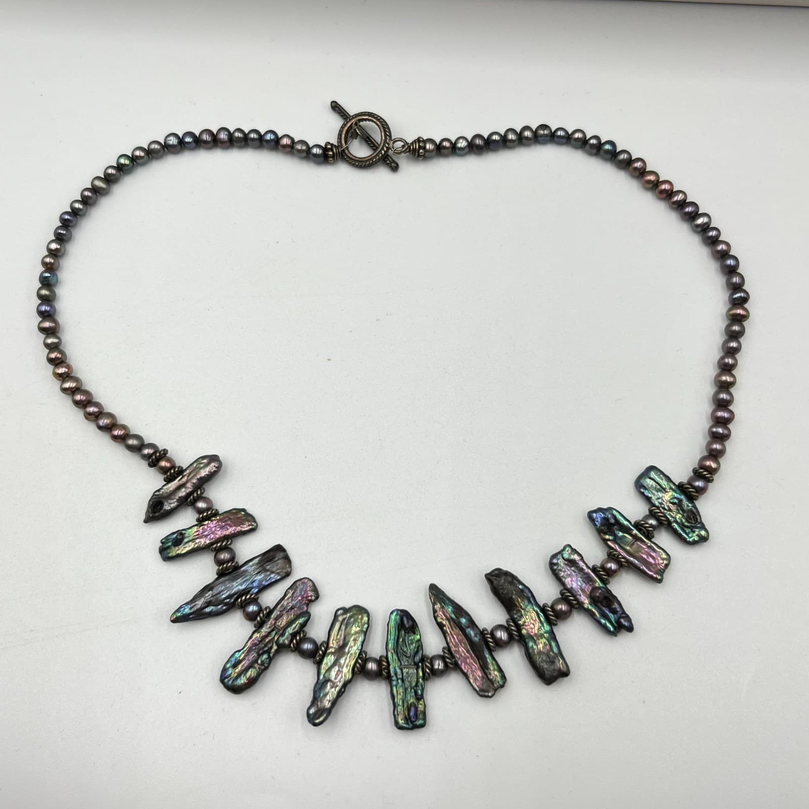 Vintage Iridescent Black Biwa Stick Pearl Statement Necklace Boho Toggle 18" - Thumbnail 3