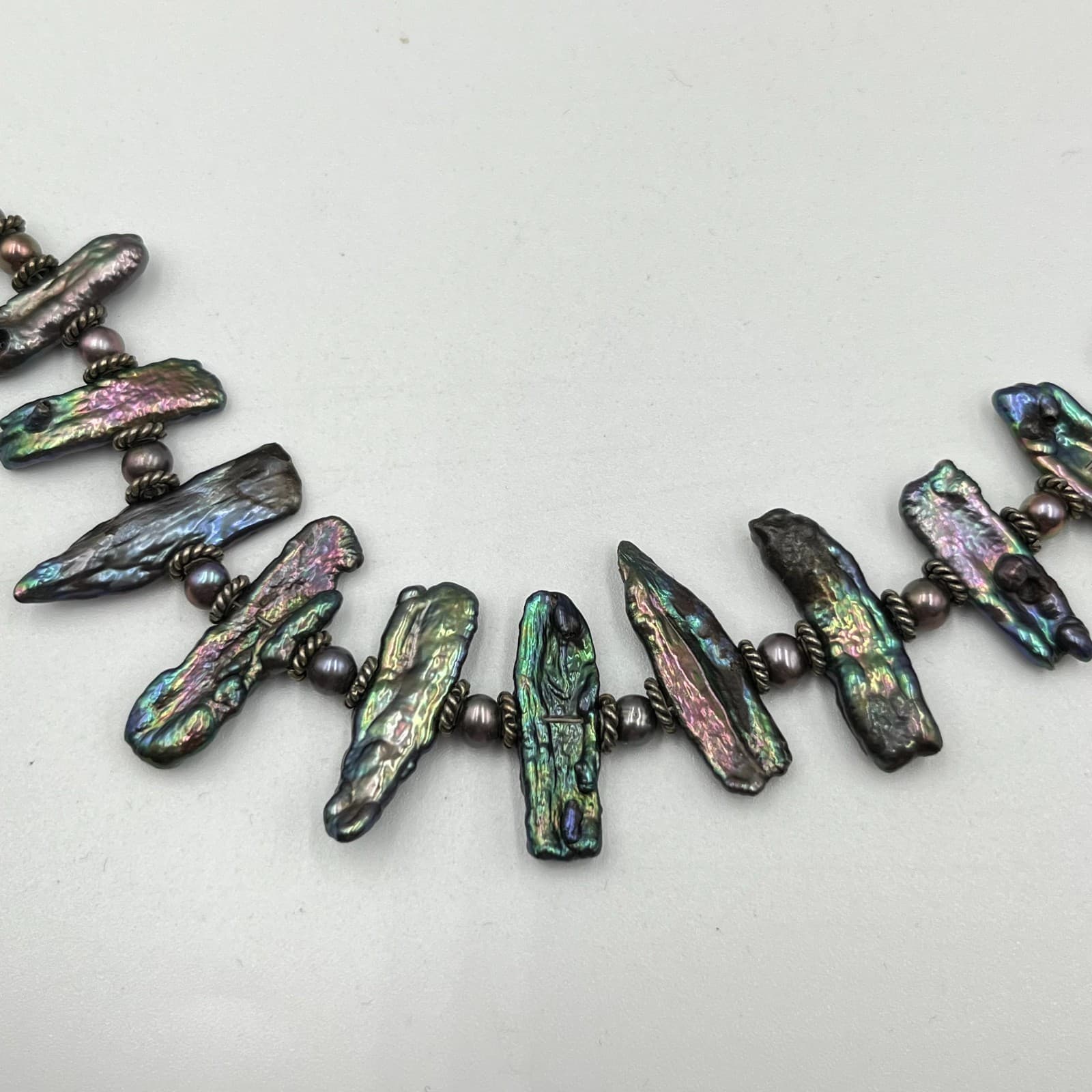 Vintage Iridescent Black Biwa Stick Pearl Statement Necklace Boho Toggle 18" - Thumbnail 4