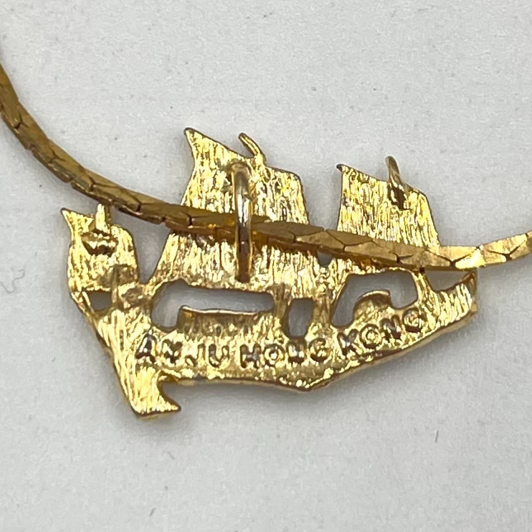 Vintage Anju Hong Kong Gold Tone Junk Ship Pendant Necklace Cobra Chain 18" - Thumbnail 2
