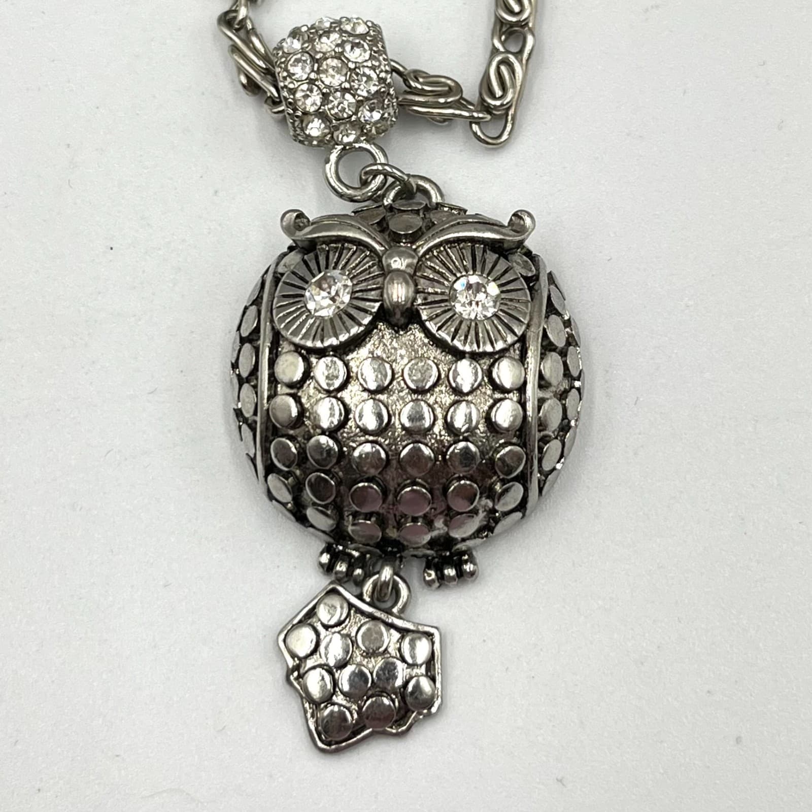 Vintage Chico's Silver Tone Pave Rhinestone Owl Long Pendant Necklace Retro - Thumbnail 3