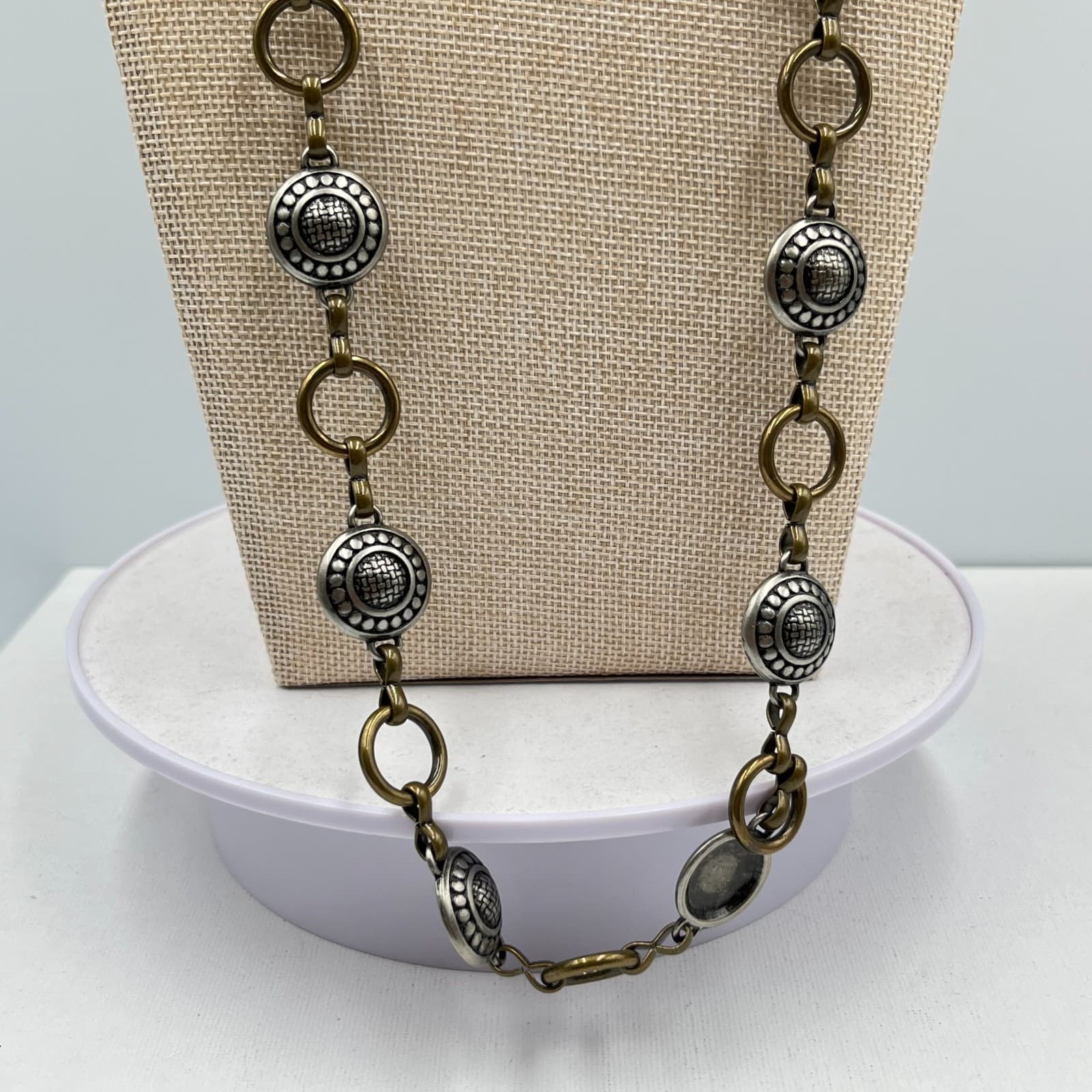 Vintage Fossil Boho Long Station Necklace Mixed Metal Silver Gold Tone Retro - Thumbnail 7