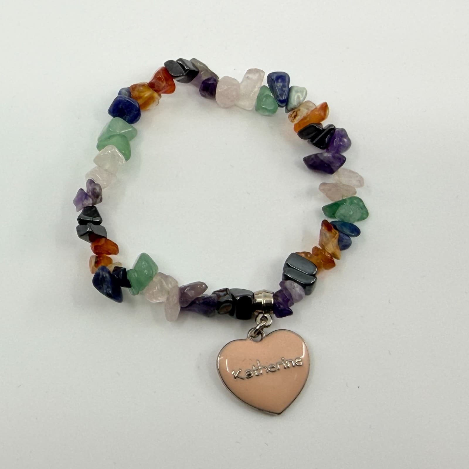 Multicolor Chip Bead Stretch Bracelet Katherine Heart Charm Personalized Boho - Thumbnail 4
