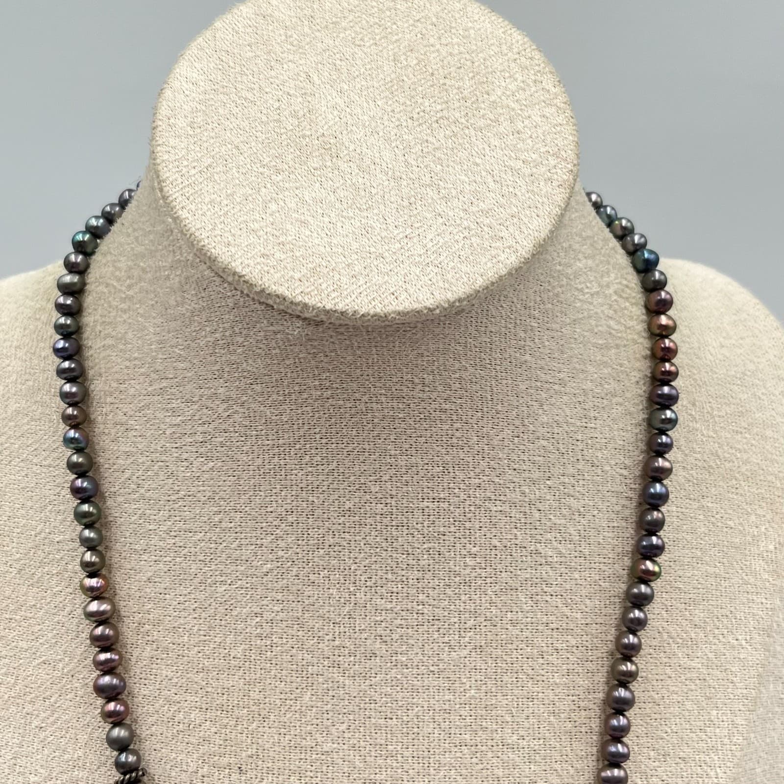 Vintage Iridescent Black Biwa Stick Pearl Statement Necklace Boho Toggle 18" - Thumbnail 6