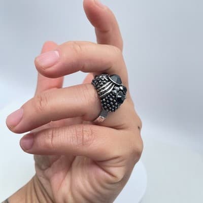 Vintage Silver-Tone Bohemian Oxidize Metal Bezel Faceted Beads Royal Shape Ring - Thumbnail 8