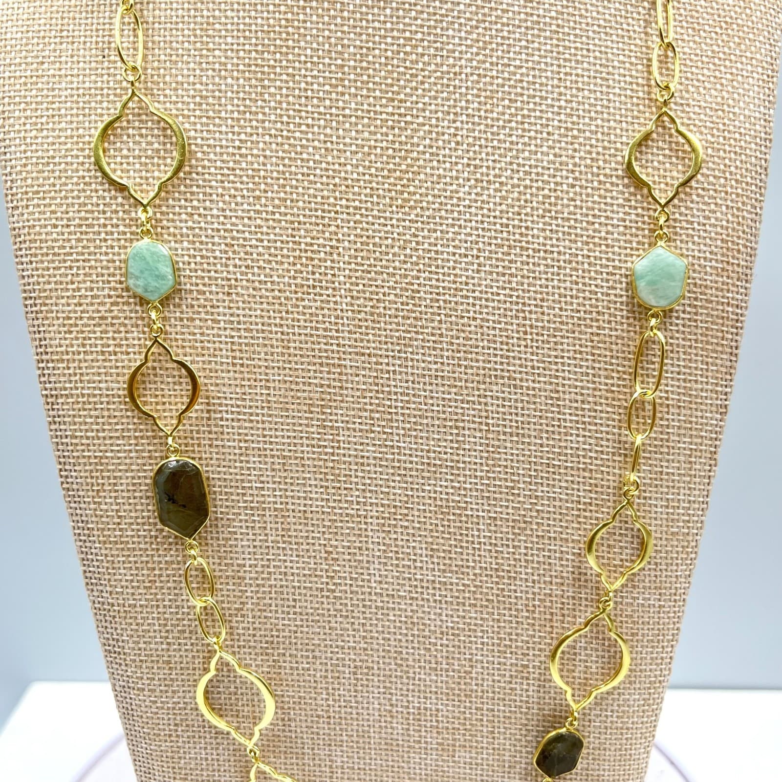 VTG Stella & Dot Gold Tone Green Grey Stone Station Long Layering Necklace Retro - Thumbnail 7