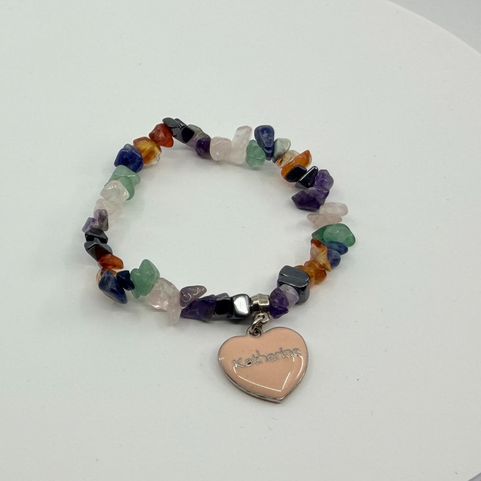 Multicolor Chip Bead Stretch Bracelet Katherine Heart Charm Personalized Boho - Thumbnail 3