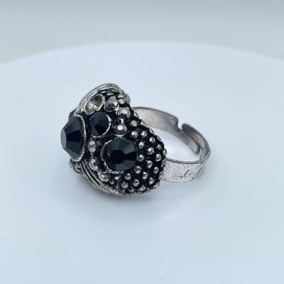 Vintage Silver-Tone Bohemian Oxidize Metal Bezel Faceted Beads Royal Shape Ring - Thumbnail 2