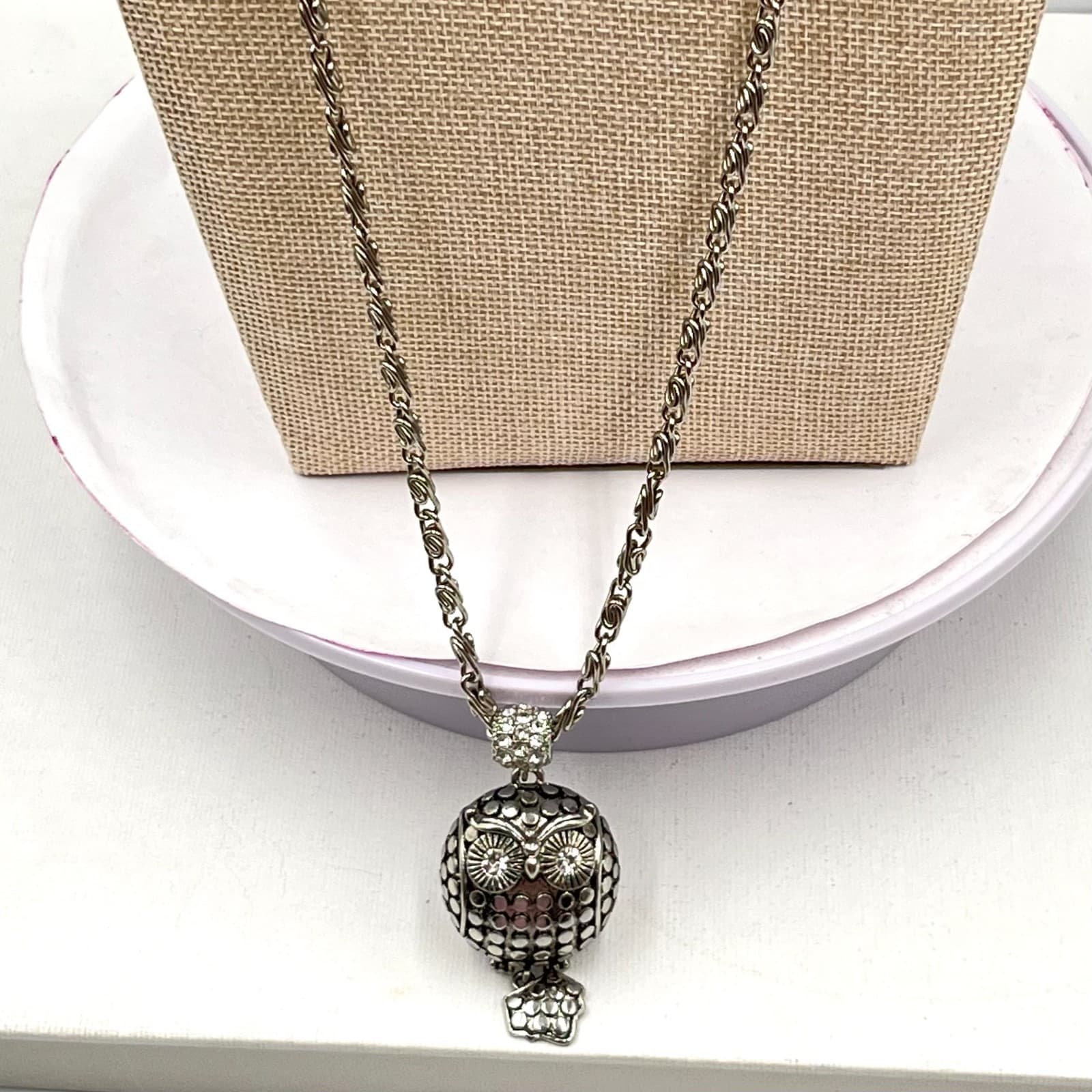 Vintage Chico's Silver Tone Pave Rhinestone Owl Long Pendant Necklace Retro - Thumbnail 5