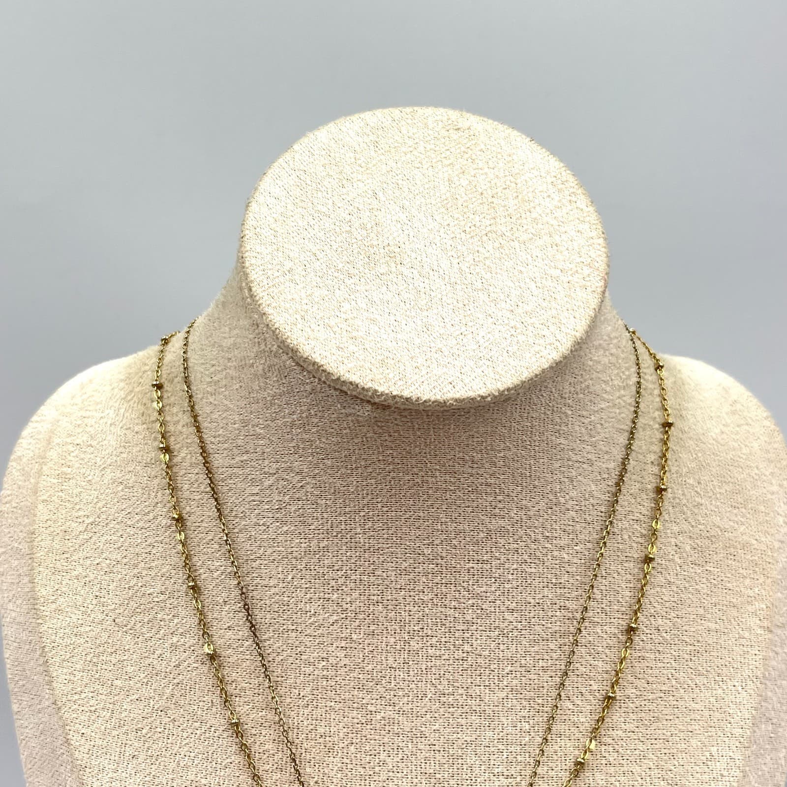 Vintage Gold Tone Double Layer Necklace Sandblast Textured Bead Satellite Chain - Thumbnail 4