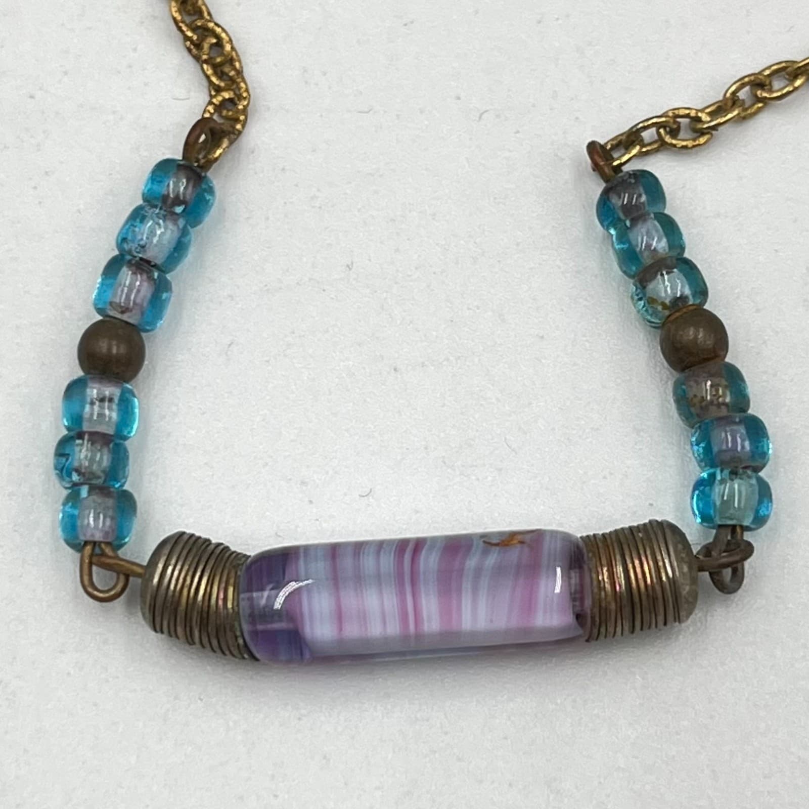 Vintage Boho Purple Slag Glass Tube Necklace - Blue Beaded Brass Tone Chain 18" - Thumbnail 2