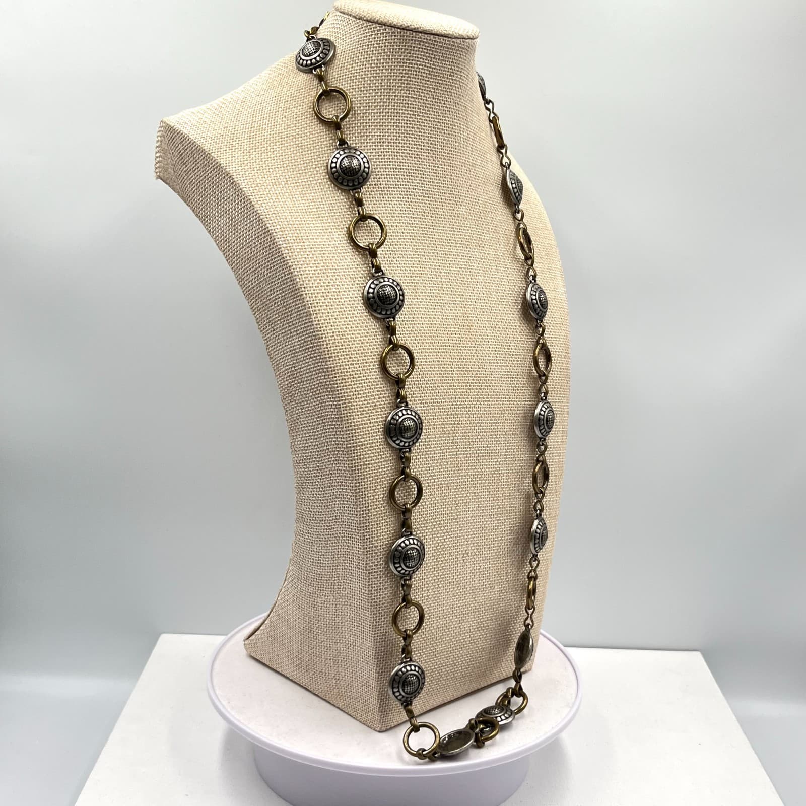 Vintage Fossil Boho Long Station Necklace Mixed Metal Silver Gold Tone Retro - Thumbnail 9