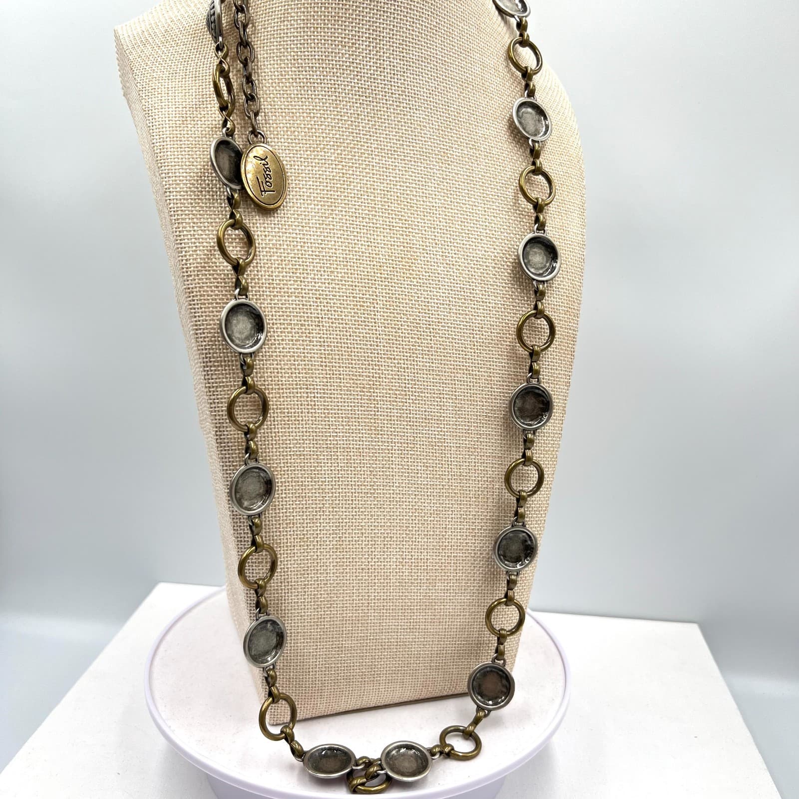 Vintage Fossil Boho Long Station Necklace Mixed Metal Silver Gold Tone Retro - Thumbnail 12