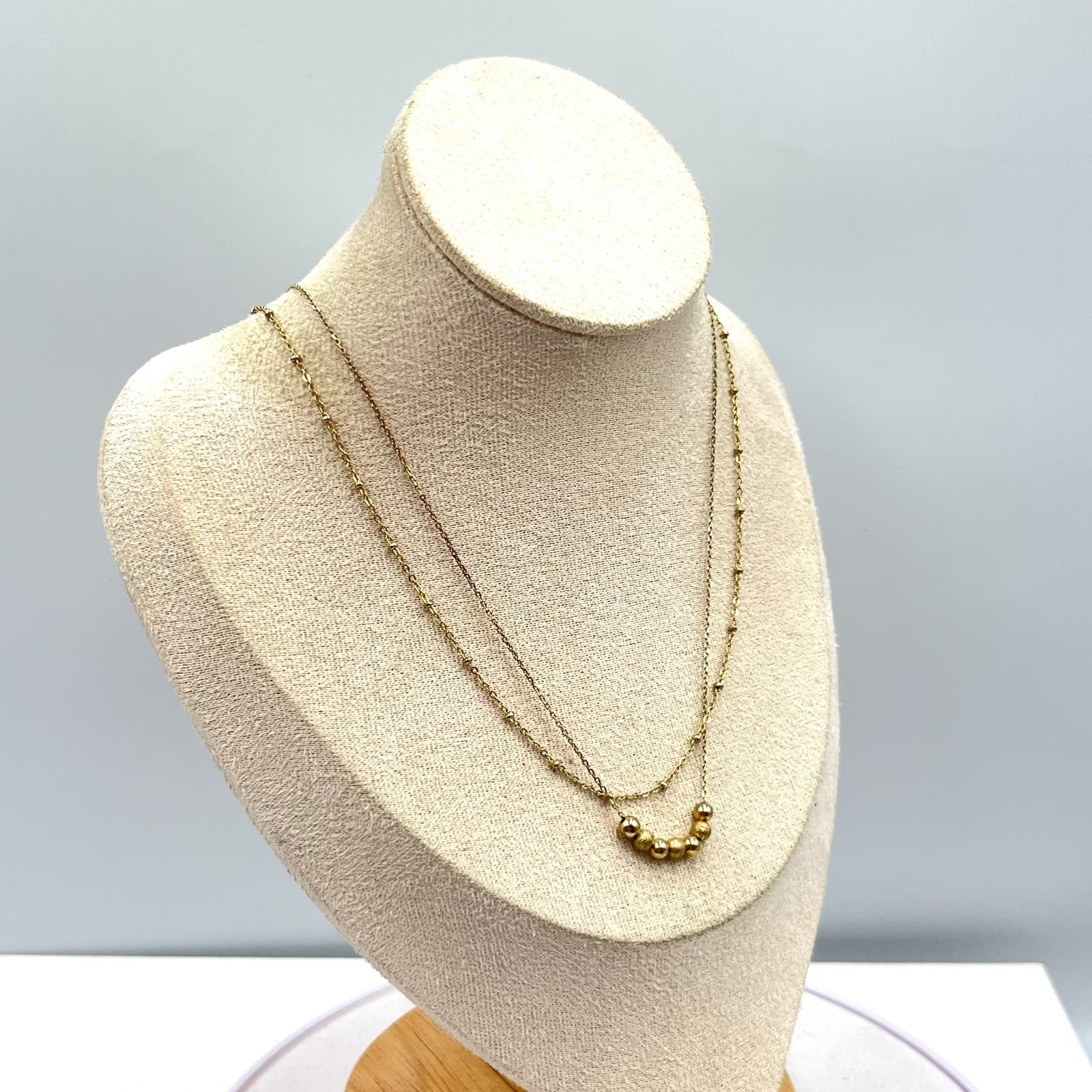 Vintage Gold Tone Double Layer Necklace Sandblast Textured Bead Satellite Chain - Thumbnail 5