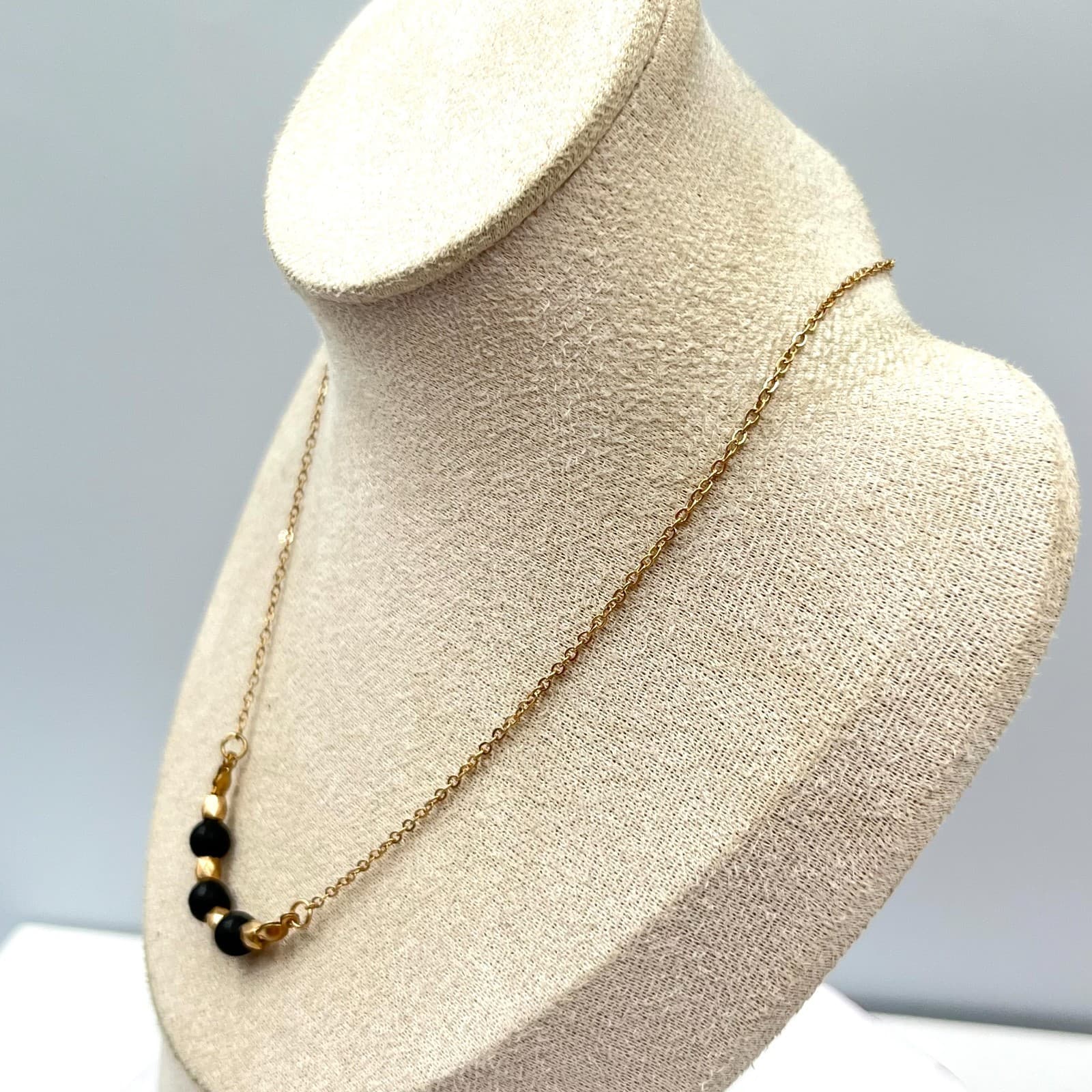 Vintage Retro Gold Tone Chain Necklace with Black Matte Beads & Gold Accents - Thumbnail 3