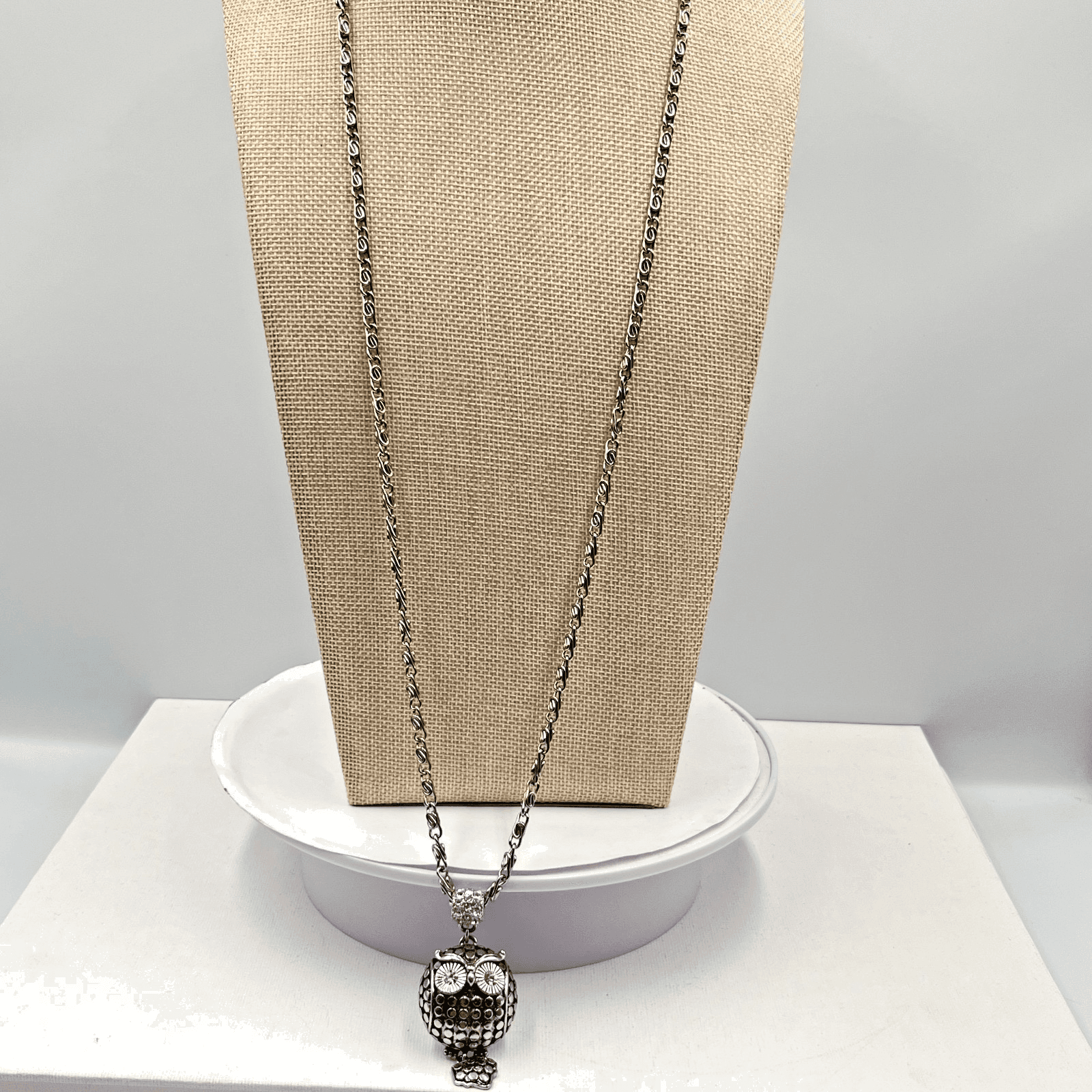 Vintage Chico's Silver Tone Pave Rhinestone Owl Long Pendant Necklace Retro - Thumbnail 2