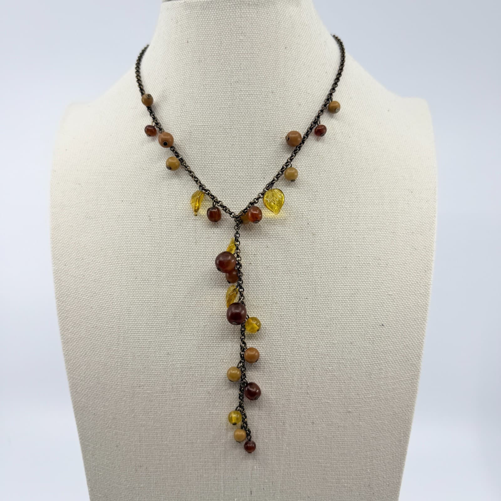 Vintage Amber Tone Glass Bead Leaf Tassel Necklace Bronze Tone Chunky Statement - Thumbnail 2