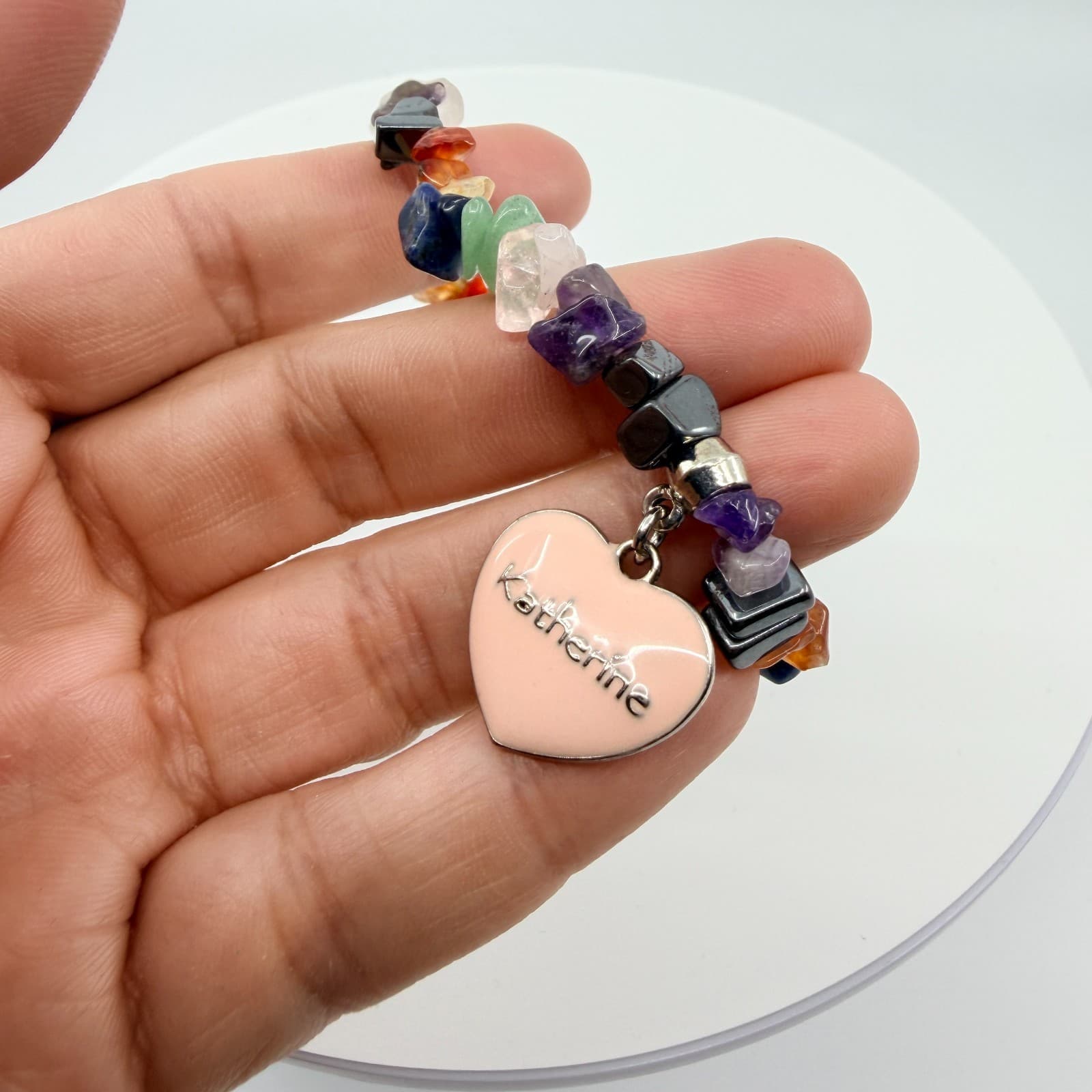 Multicolor Chip Bead Stretch Bracelet Katherine Heart Charm Personalized Boho - Thumbnail 8