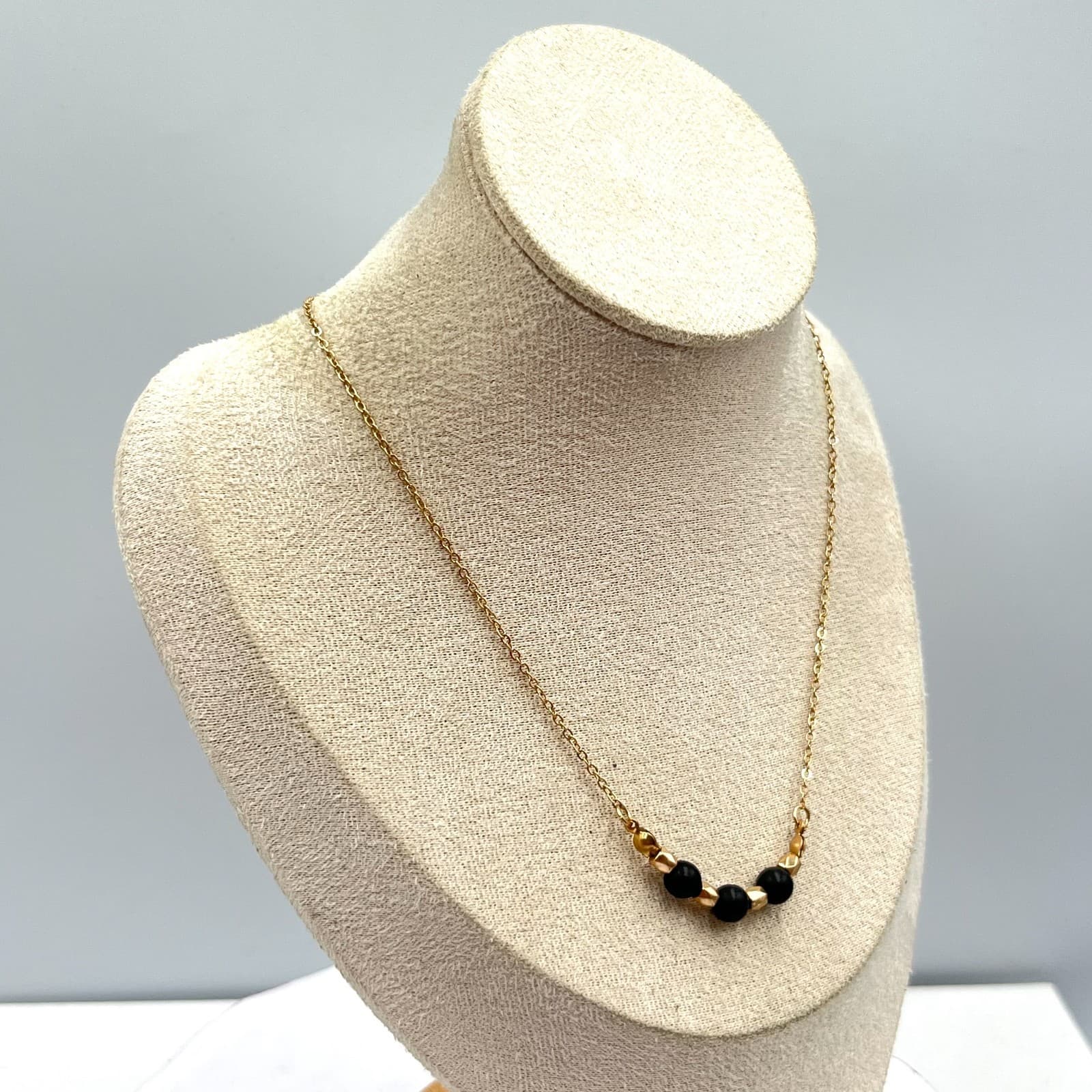 Vintage Retro Gold Tone Chain Necklace with Black Matte Beads & Gold Accents - Thumbnail 2