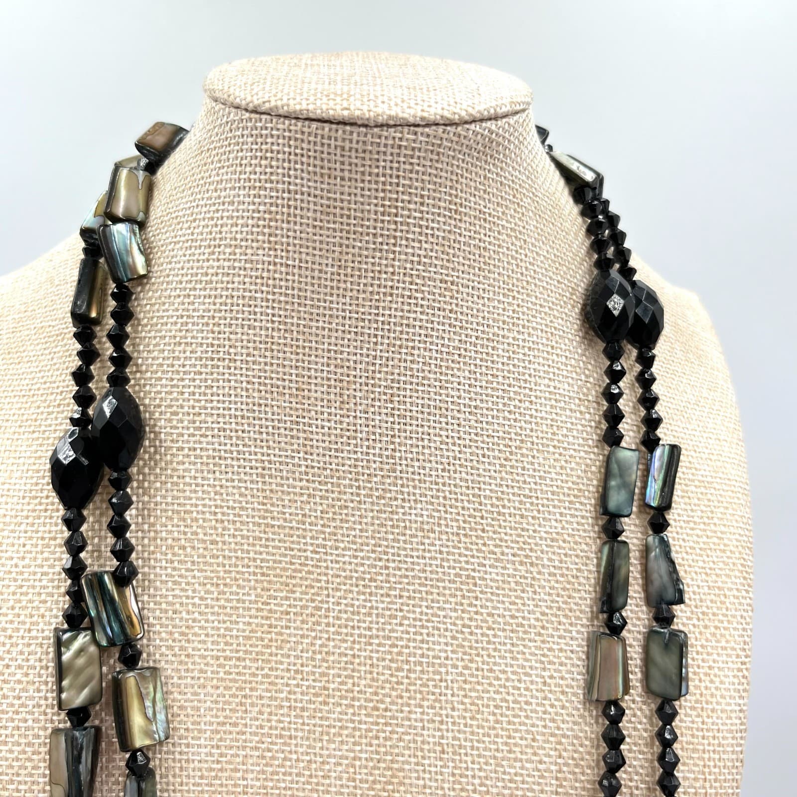 Vintage Y2K Black Bead & Iridescent Shell Long Layering Necklace Retro Boho - Thumbnail 2