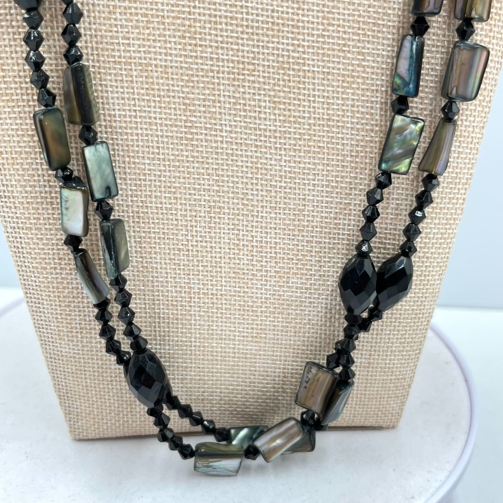 Vintage Y2K Black Bead & Iridescent Shell Long Layering Necklace Retro Boho - Thumbnail 3