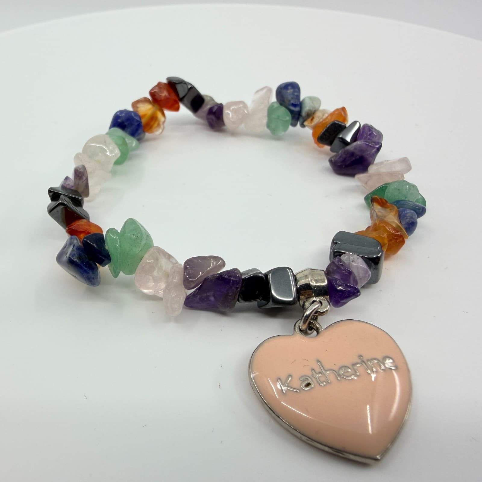 Multicolor Chip Bead Stretch Bracelet Katherine Heart Charm Personalized Boho - Thumbnail 2