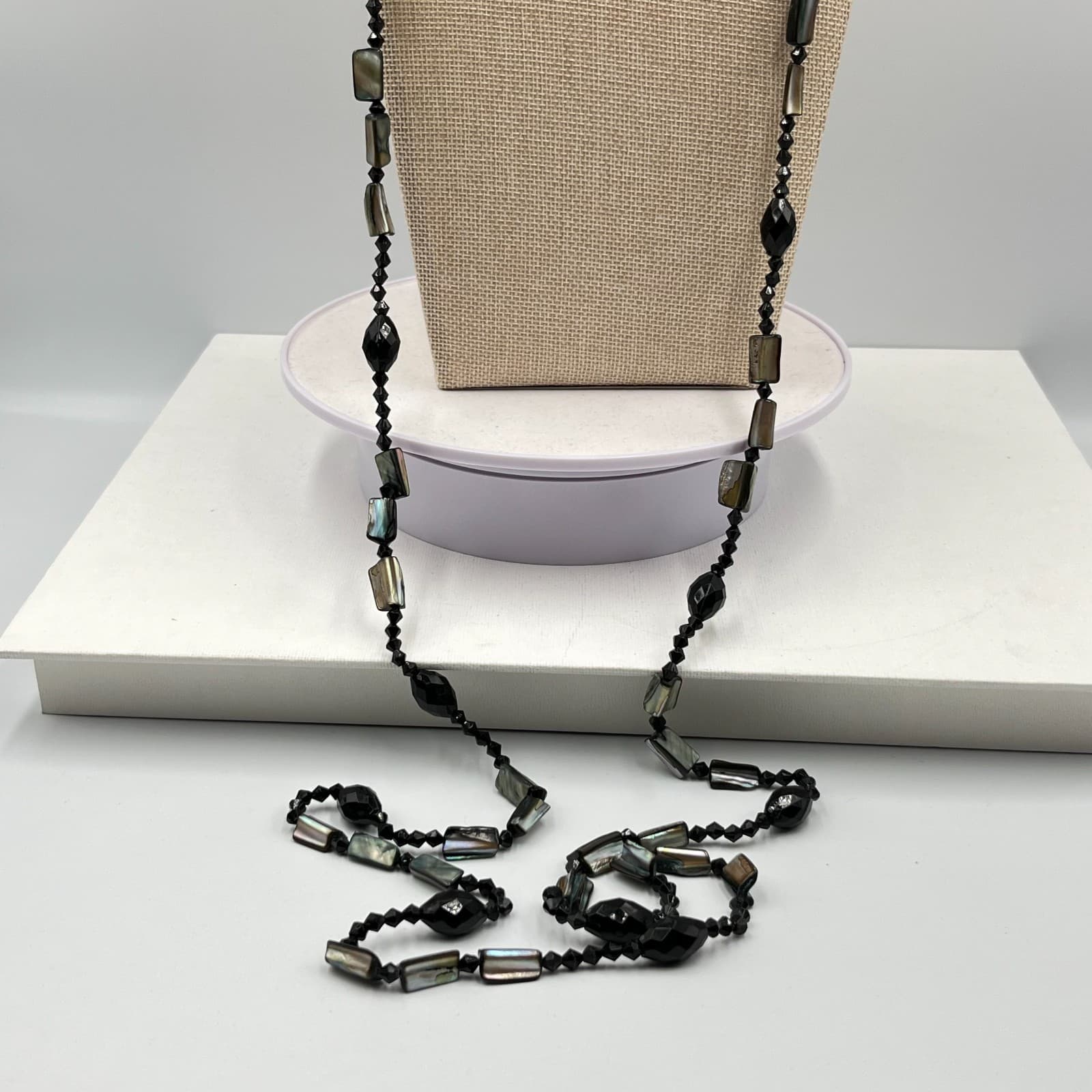 Vintage Y2K Black Bead & Iridescent Shell Long Layering Necklace Retro Boho - Thumbnail 5