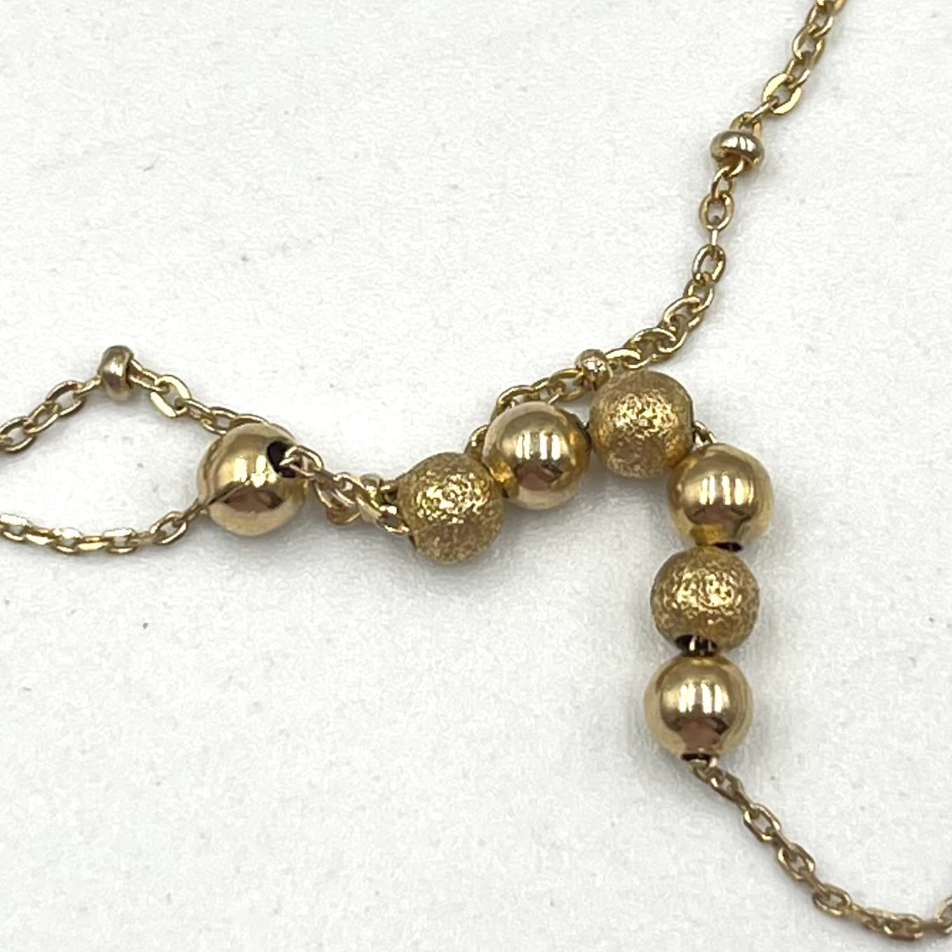 Vintage Gold Tone Double Layer Necklace Sandblast Textured Bead Satellite Chain - Thumbnail 2