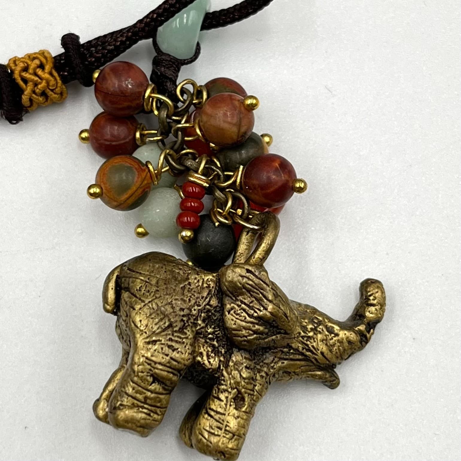 Vintage Boho Elephant Tassel Statement Necklace Mixed Stone Beaded Velvet Ribbon - Thumbnail 2