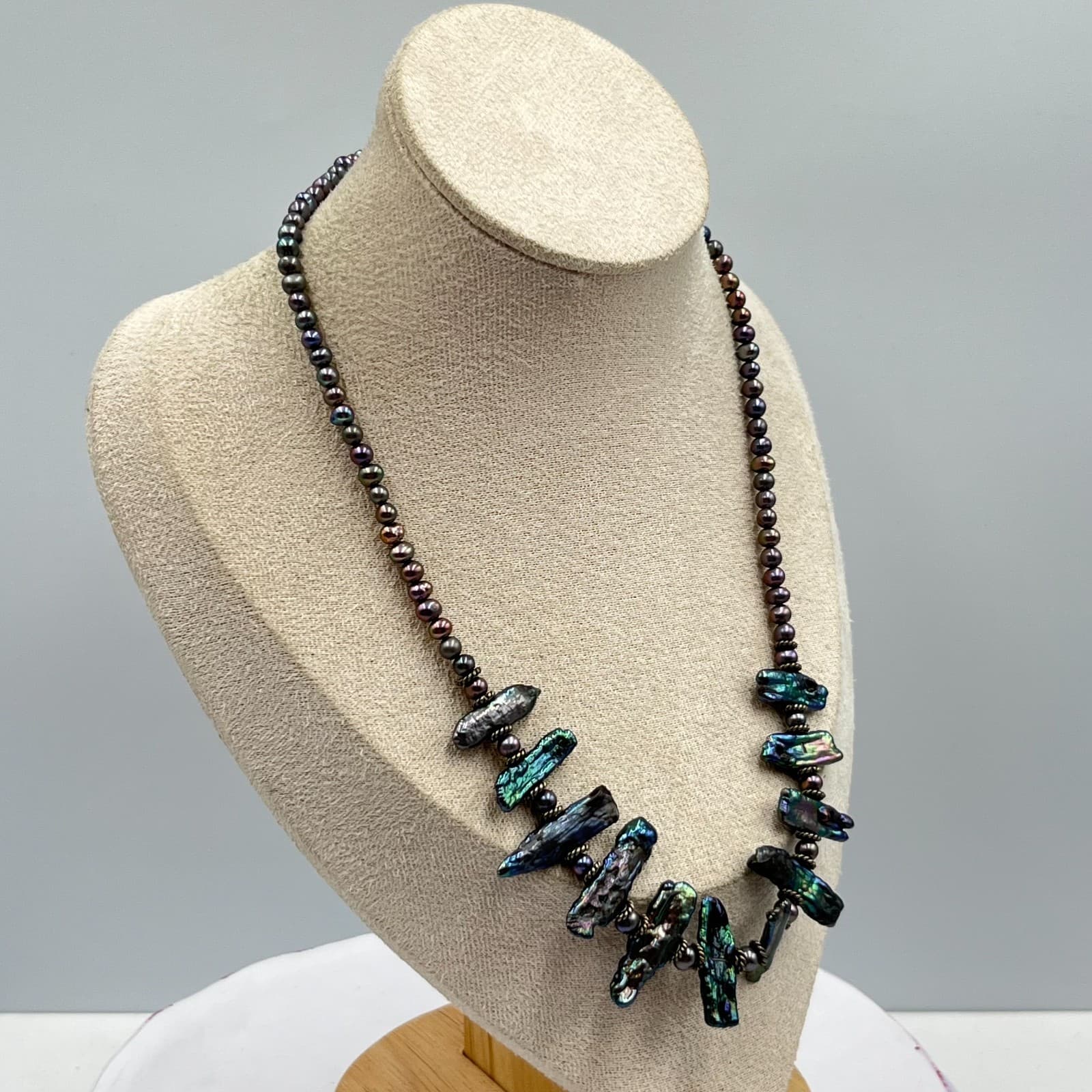 Vintage Iridescent Black Biwa Stick Pearl Statement Necklace Boho Toggle 18" - Thumbnail 7