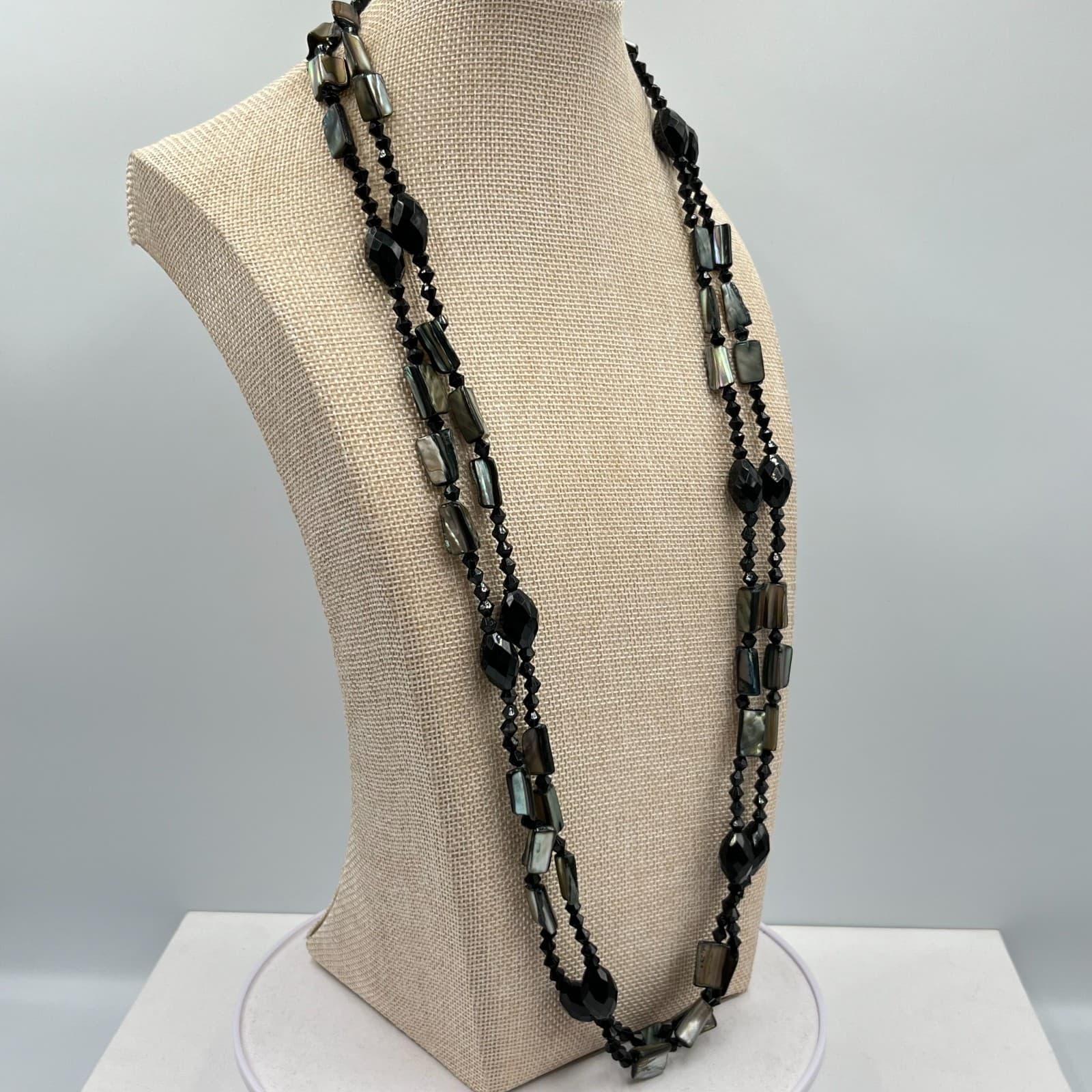 Vintage Y2K Black Bead & Iridescent Shell Long Layering Necklace Retro Boho - Thumbnail 4